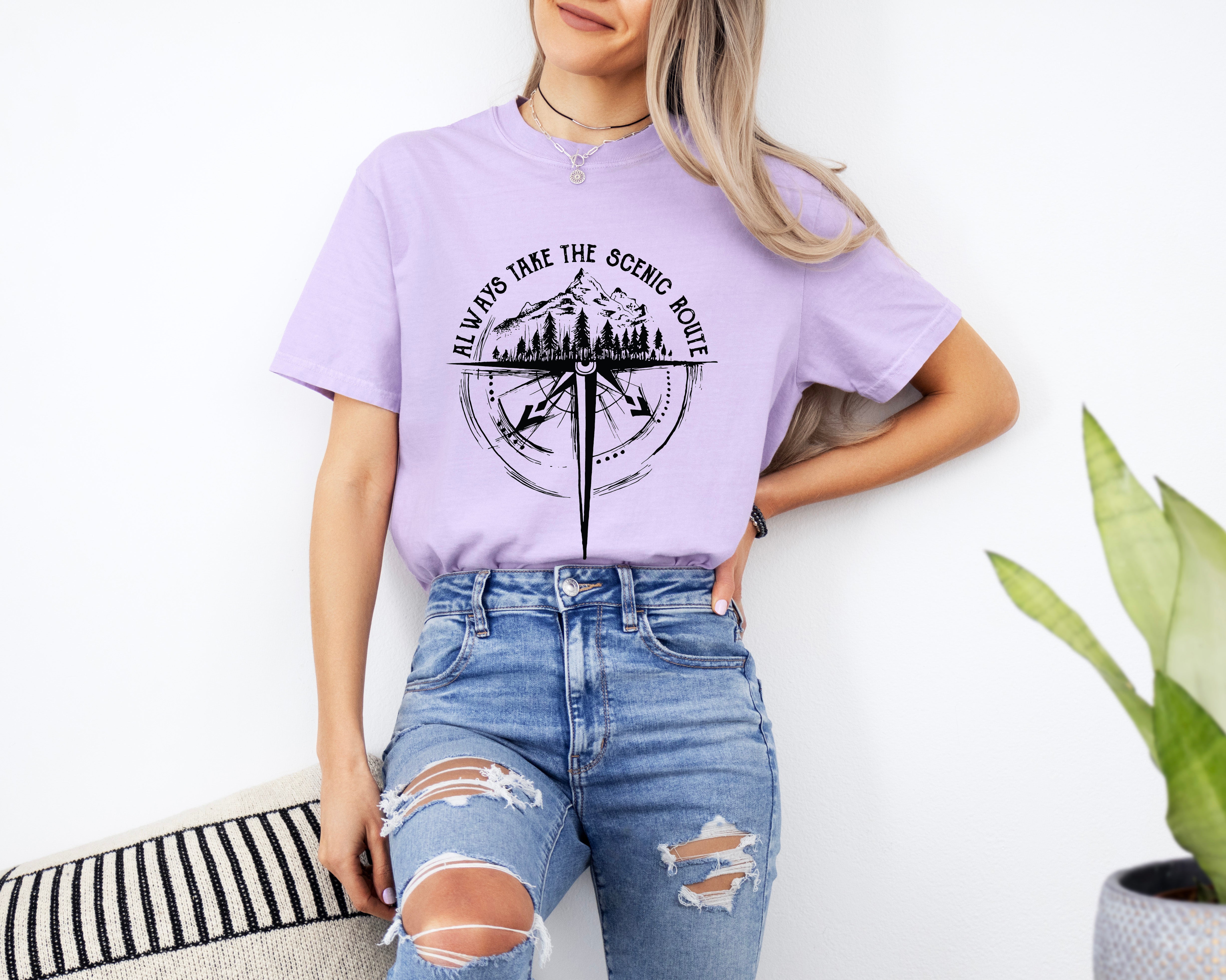 Camping Compass Mountain Summer Plant Nature Garment Dyed T Shirt