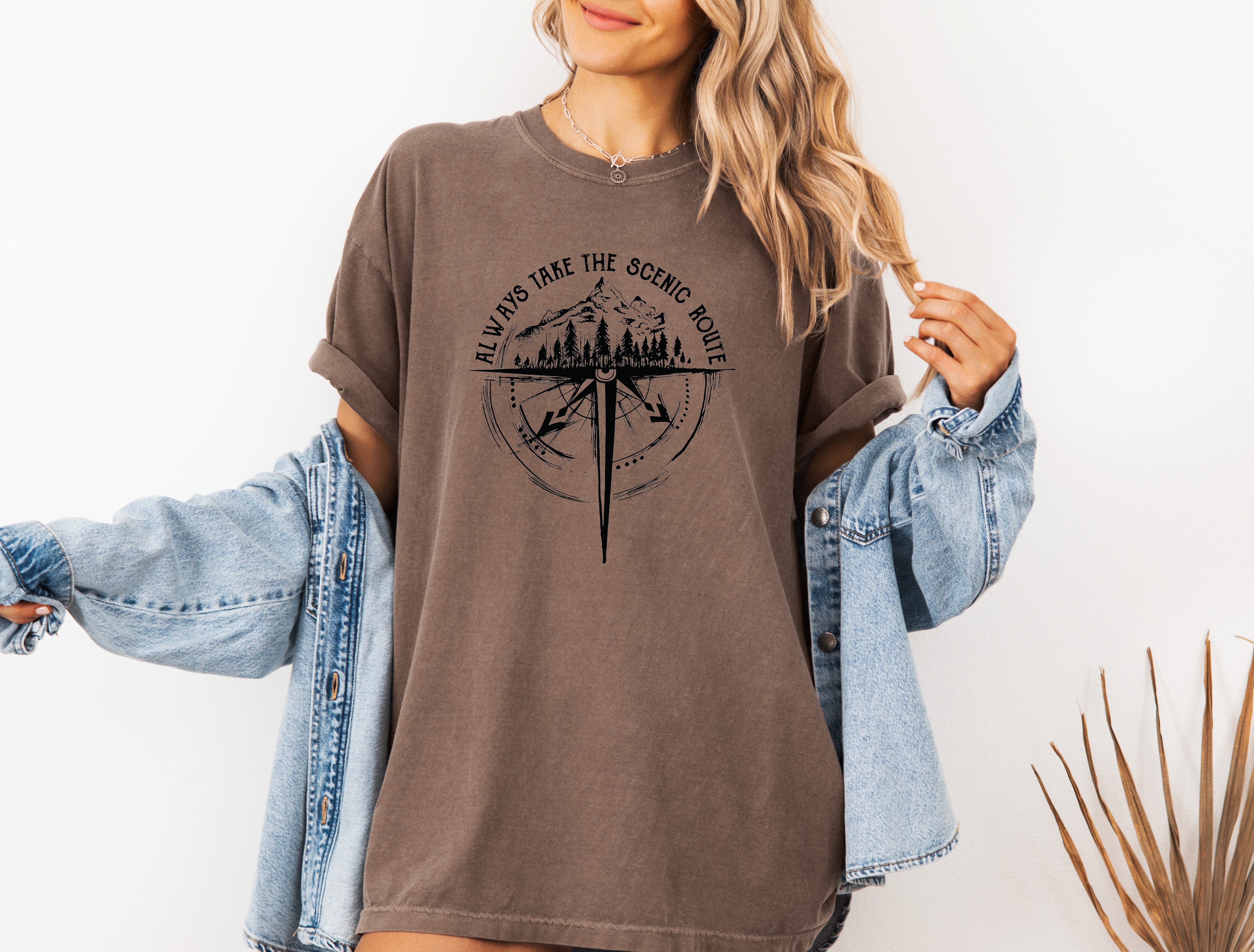 Camping Compass Mountain Summer Plant Nature Garment Dyed T Shirt