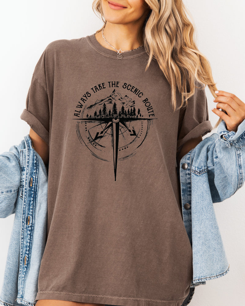 Camping Compass Mountain Summer Plant Nature Garment Dyed T Shirt