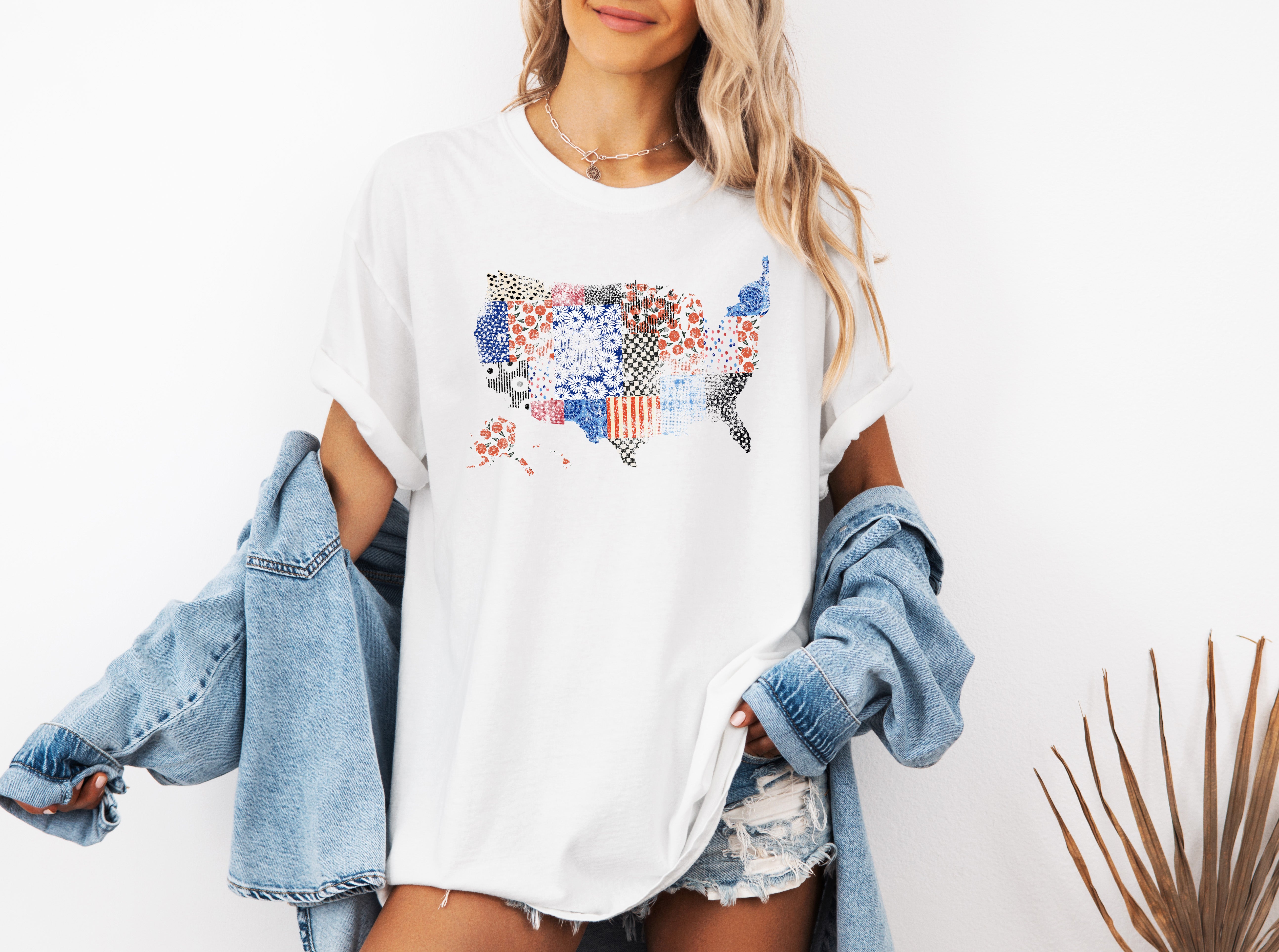 America map USA map Flag flower Garment Dyed T Shirt