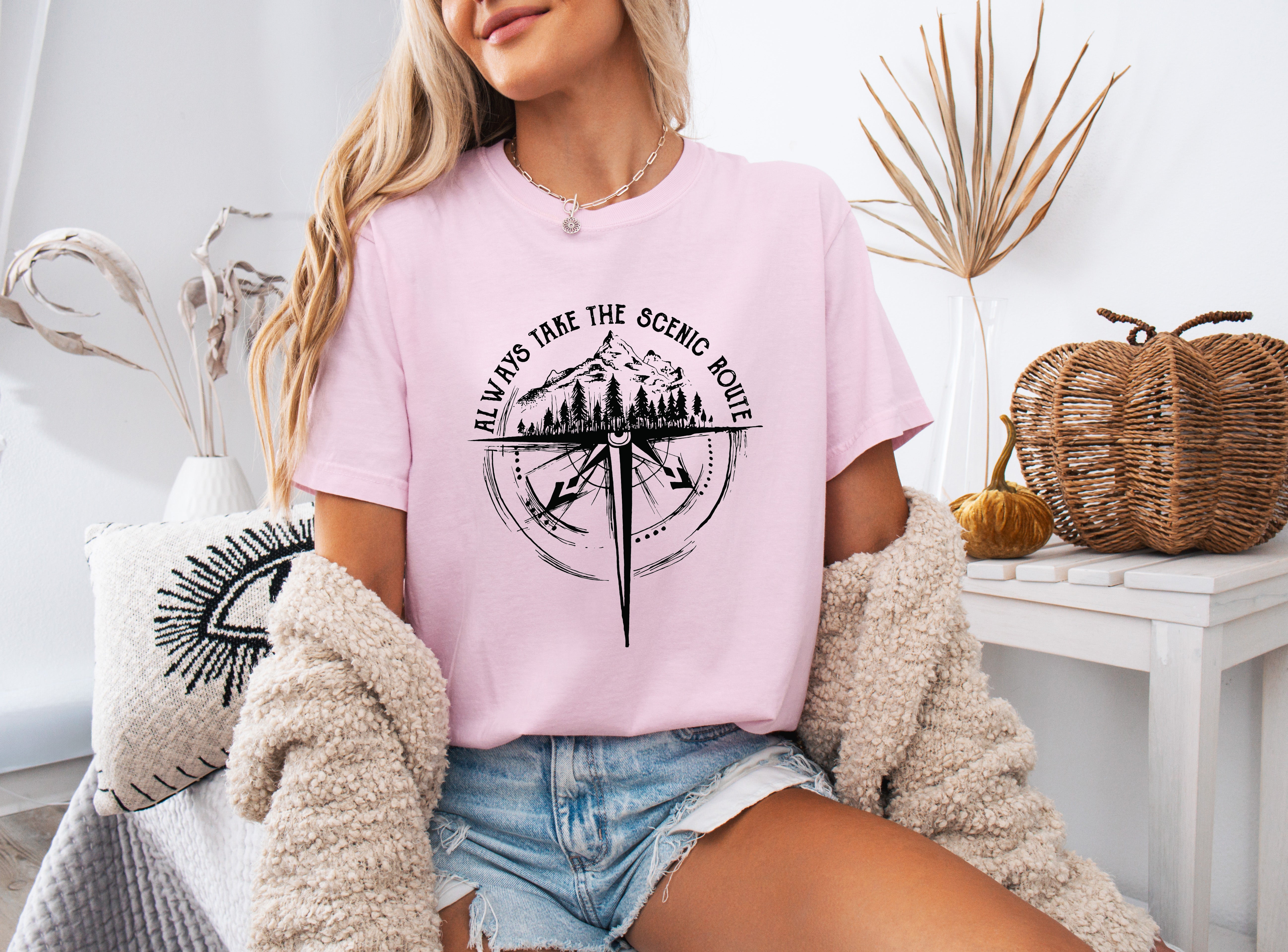 Camping Compass Mountain Summer Plant Nature Garment Dyed T Shirt
