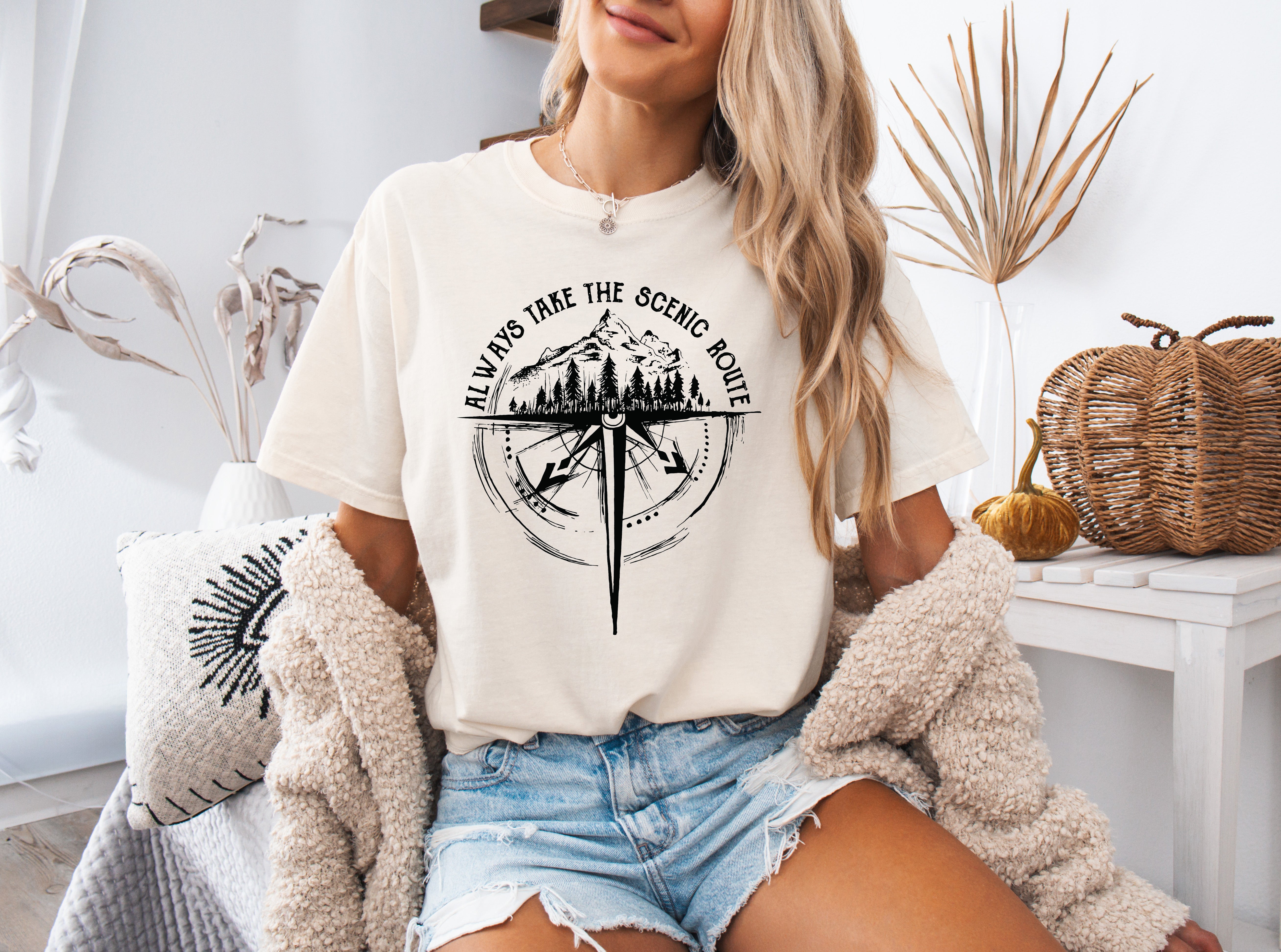Camping Compass Mountain Summer Plant Nature Garment Dyed T Shirt