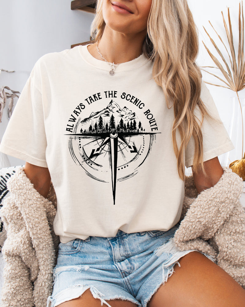 Camping Compass Mountain Summer Plant Nature Garment Dyed T Shirt