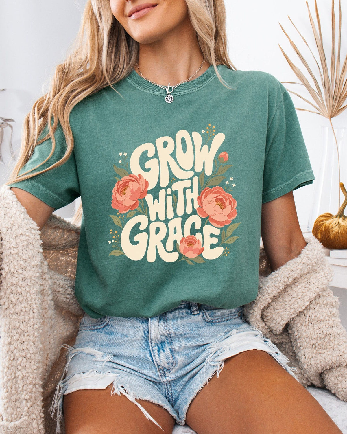 Grow With Grace Christian Flower Comfort Colors T-Shirt, Jesus Bible Gift
