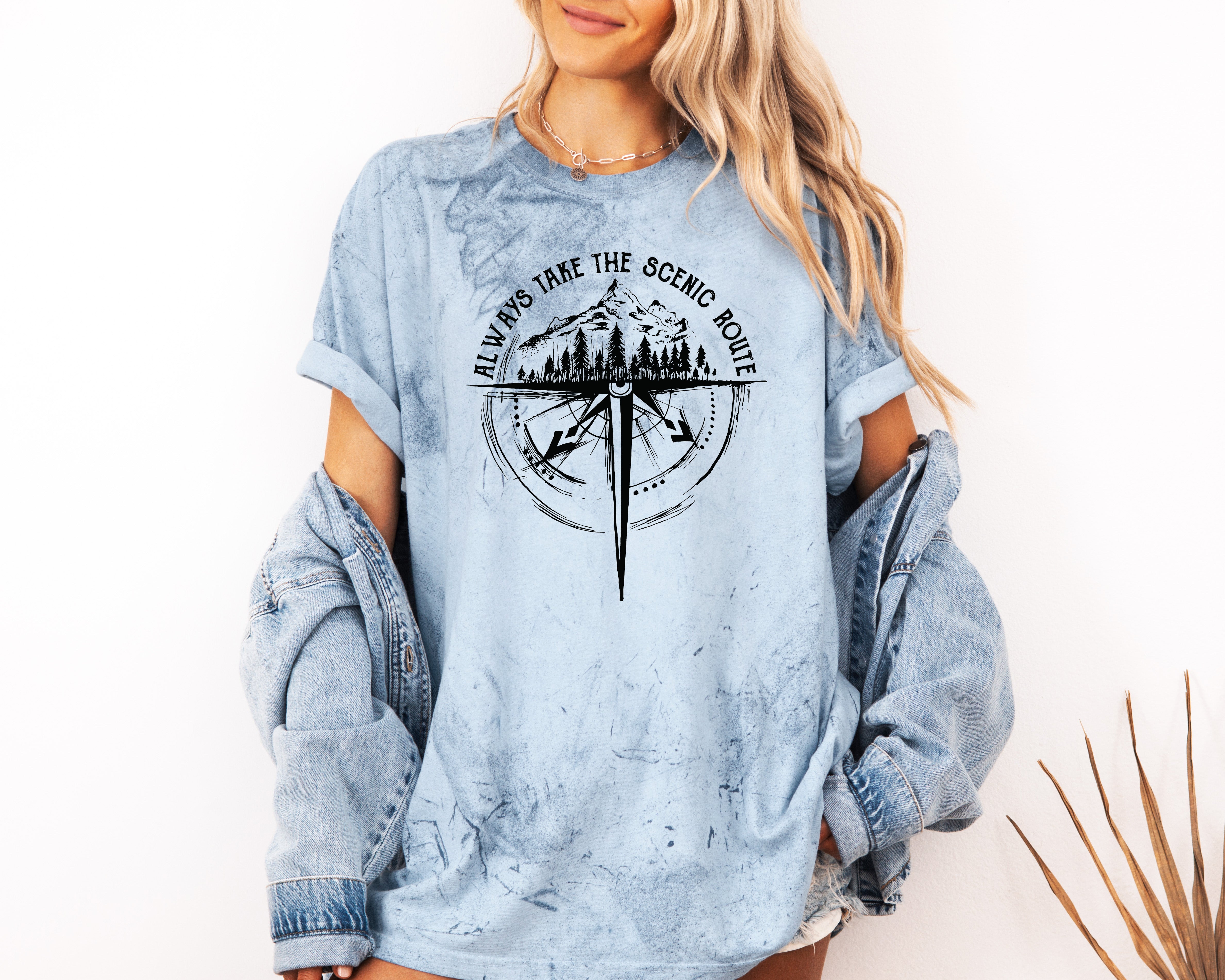 Camping Compass Mountain Summer Plant Nature Garment Dyed T Shirt