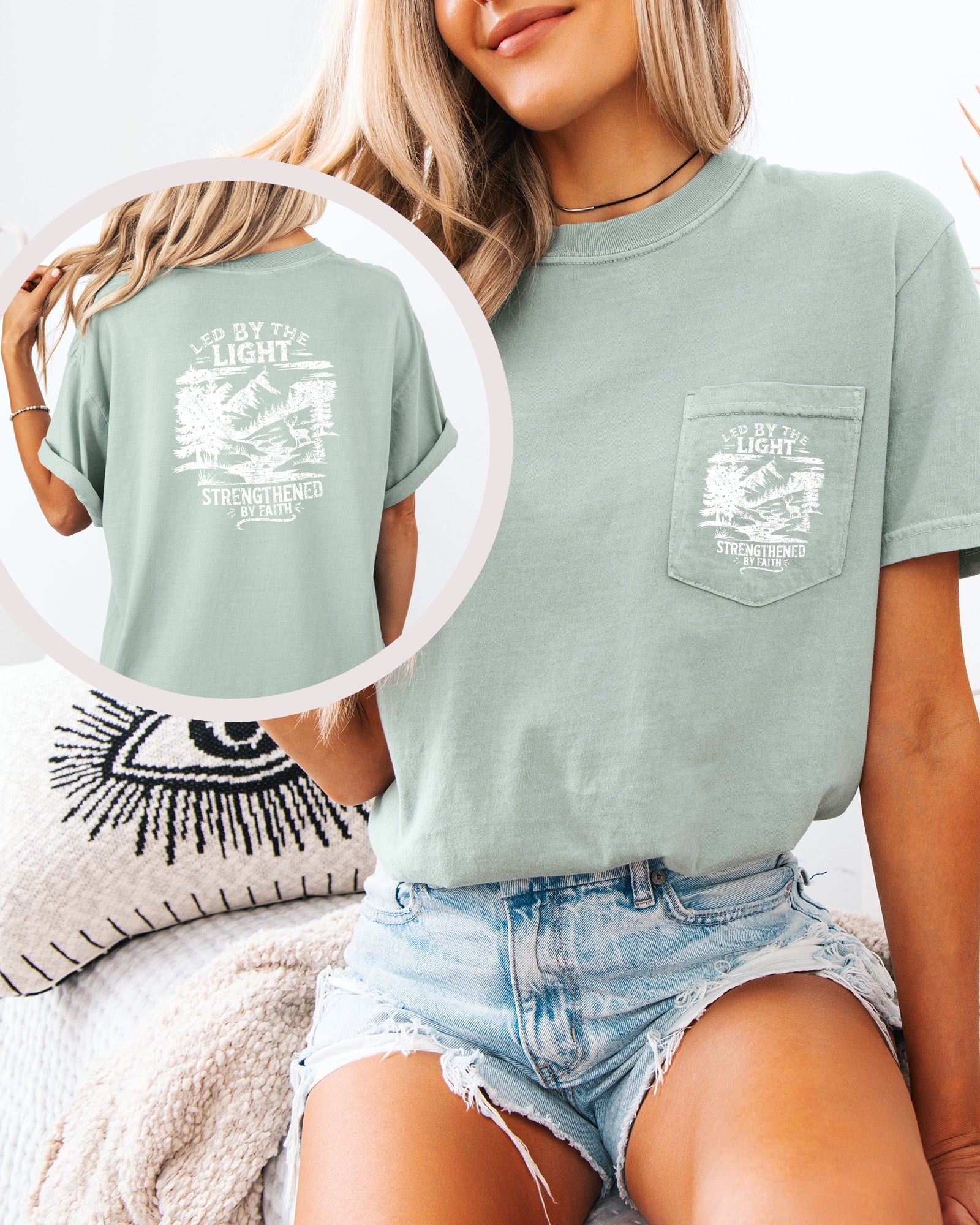 Led by Light Faith Christian Comfort Colors Pocket T Shirt