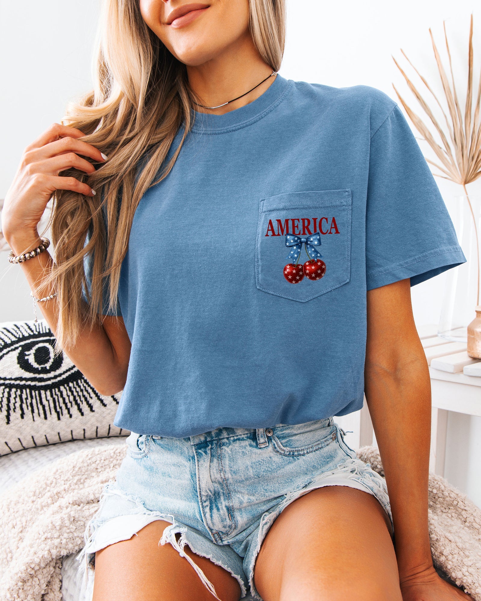 American Flag USA Cherry Comfort Colors Pocket T-Shirt – Independence Day & Memorial Day Patriotic Veterans