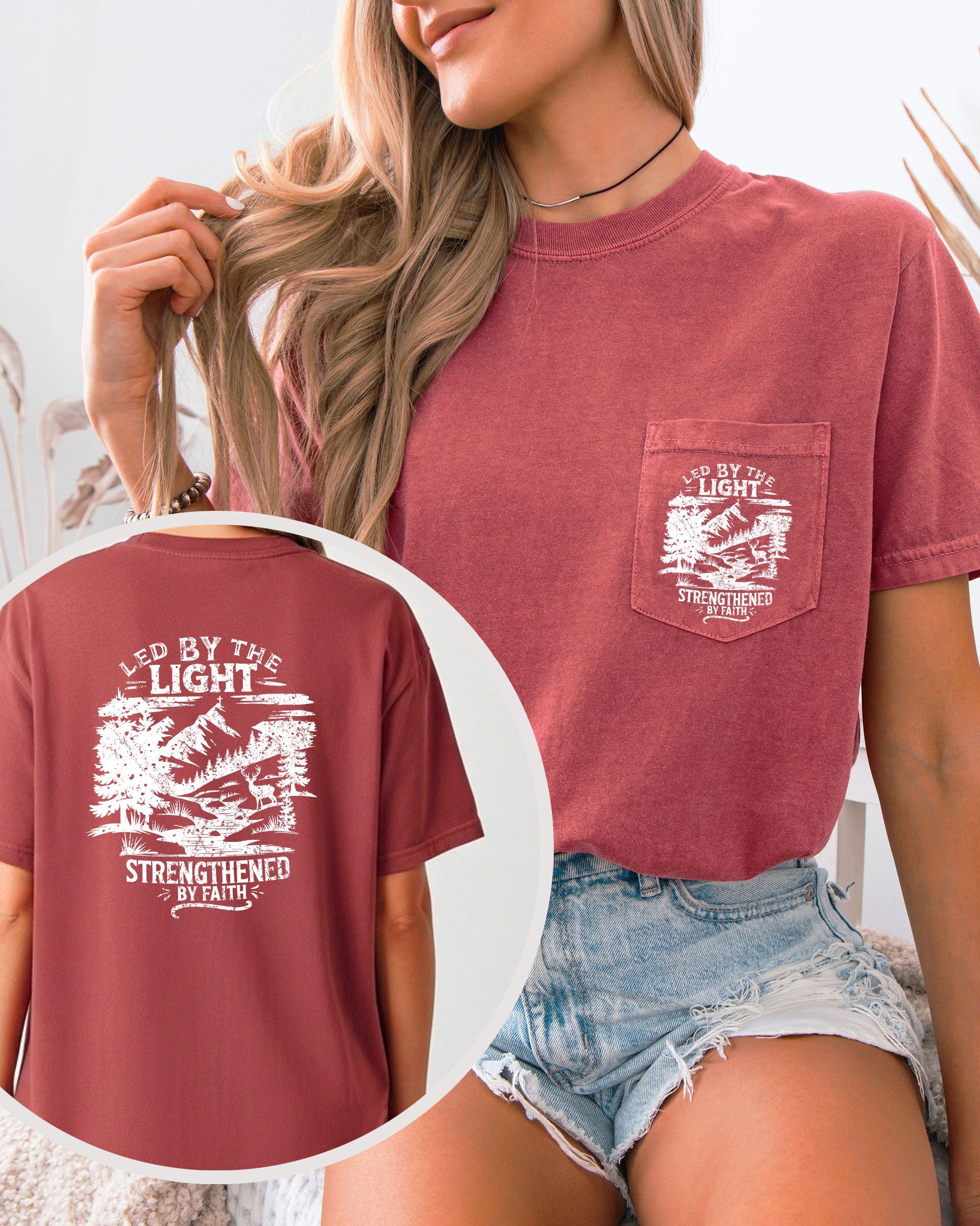 Led by Light Faith Christian Comfort Colors Pocket T Shirt