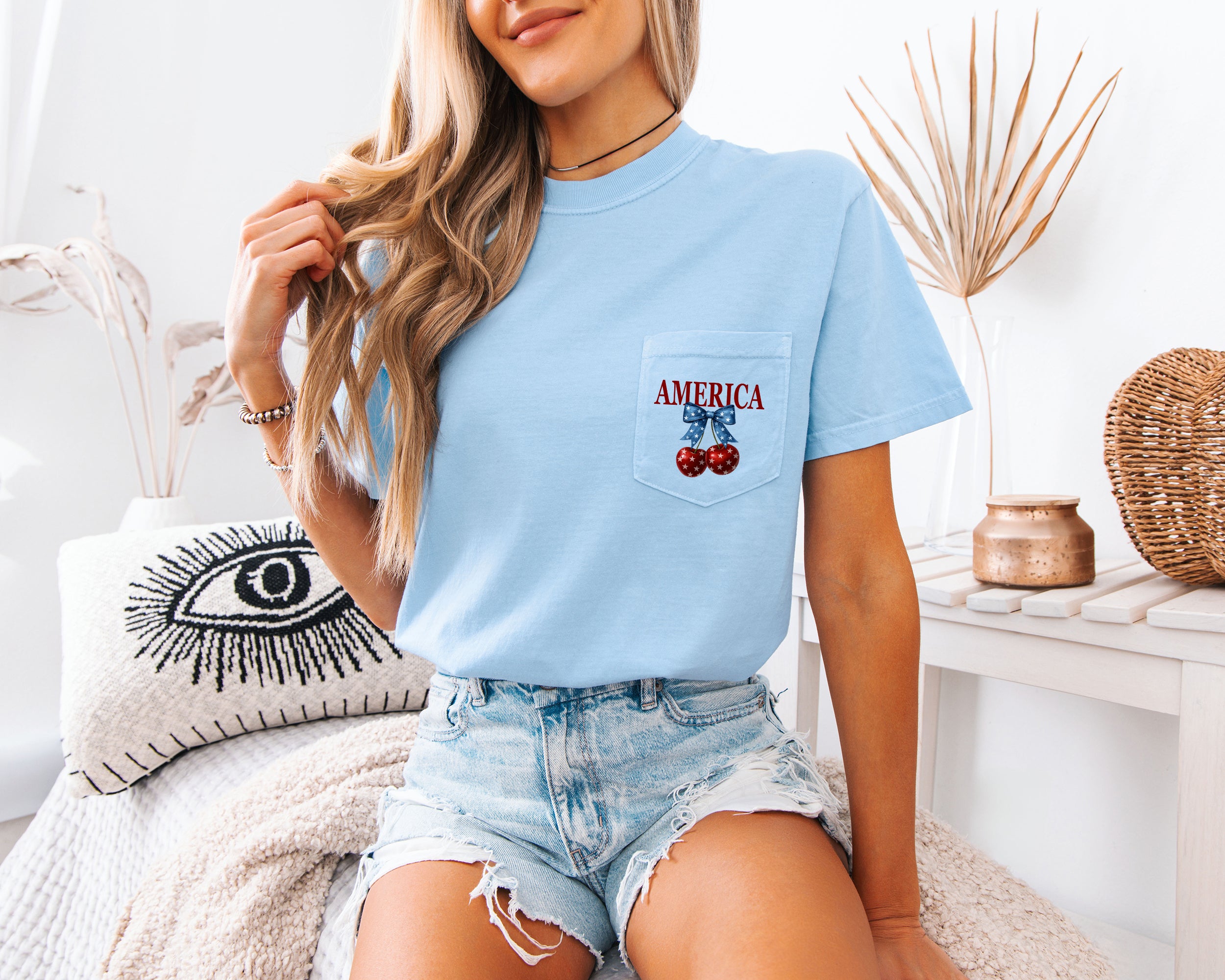 American Flag USA Cherry Comfort Colors Pocket T-Shirt – Independence Day & Memorial Day Patriotic Veterans