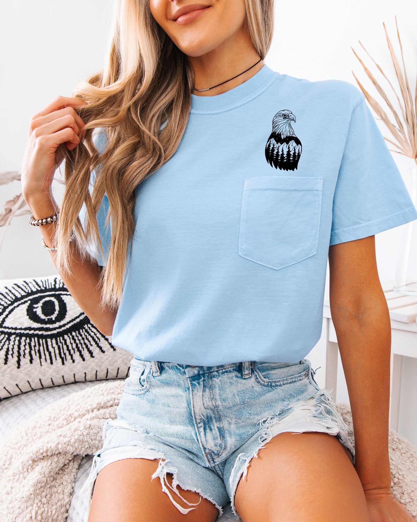America Eagle Mountain Camping Nature 100% cotton Comfort Colors Pocket T-Shirt – Outdoor Graphic Tee