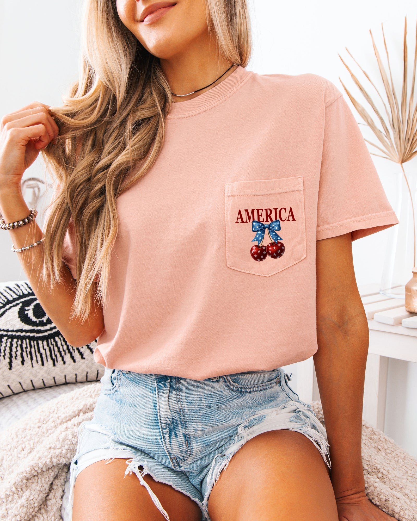American Flag USA Cherry Comfort Colors Pocket T-Shirt – Independence Day & Memorial Day Patriotic Veterans