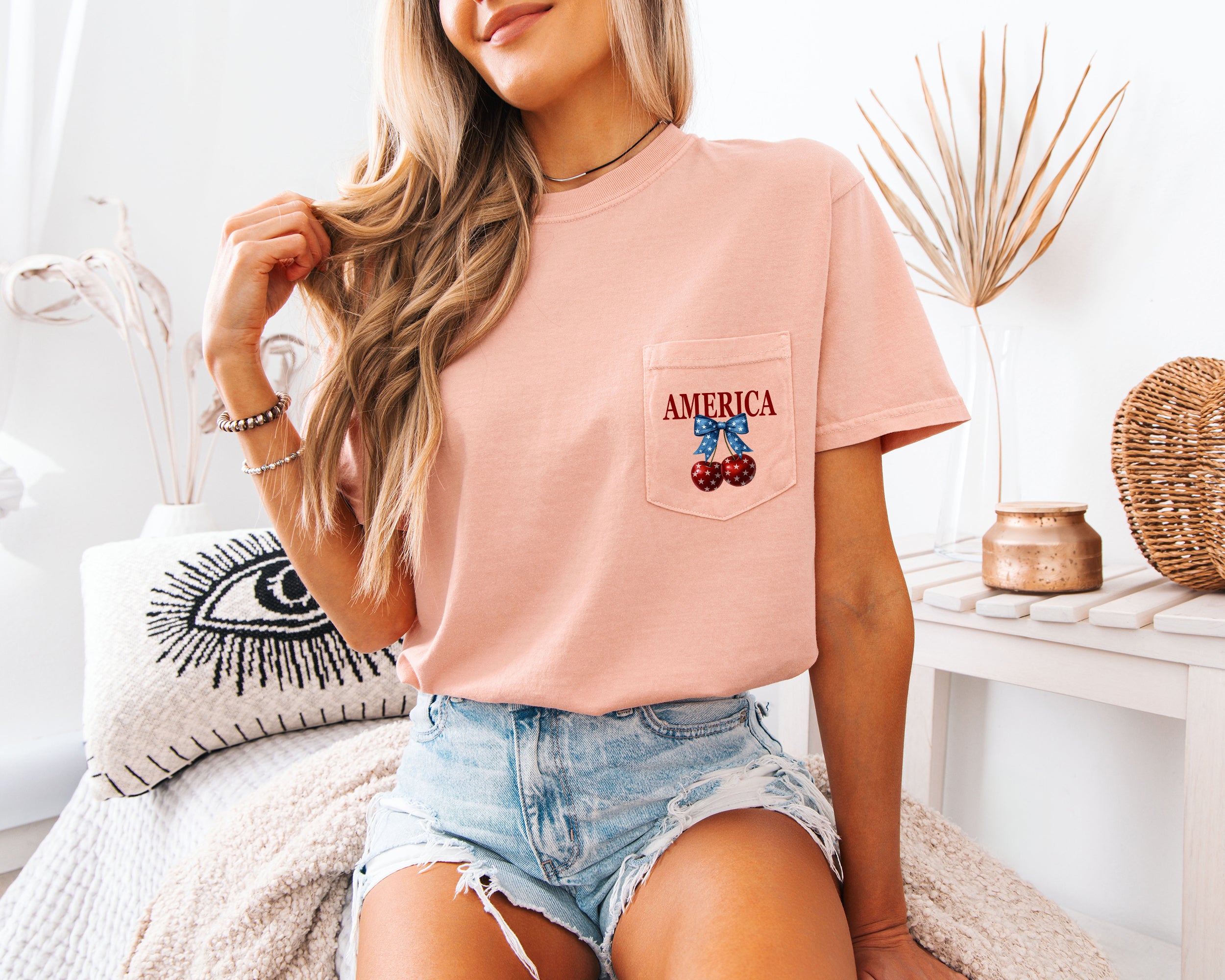American Flag USA Cherry Comfort Colors Pocket T-Shirt – Independence Day & Memorial Day Patriotic Veterans