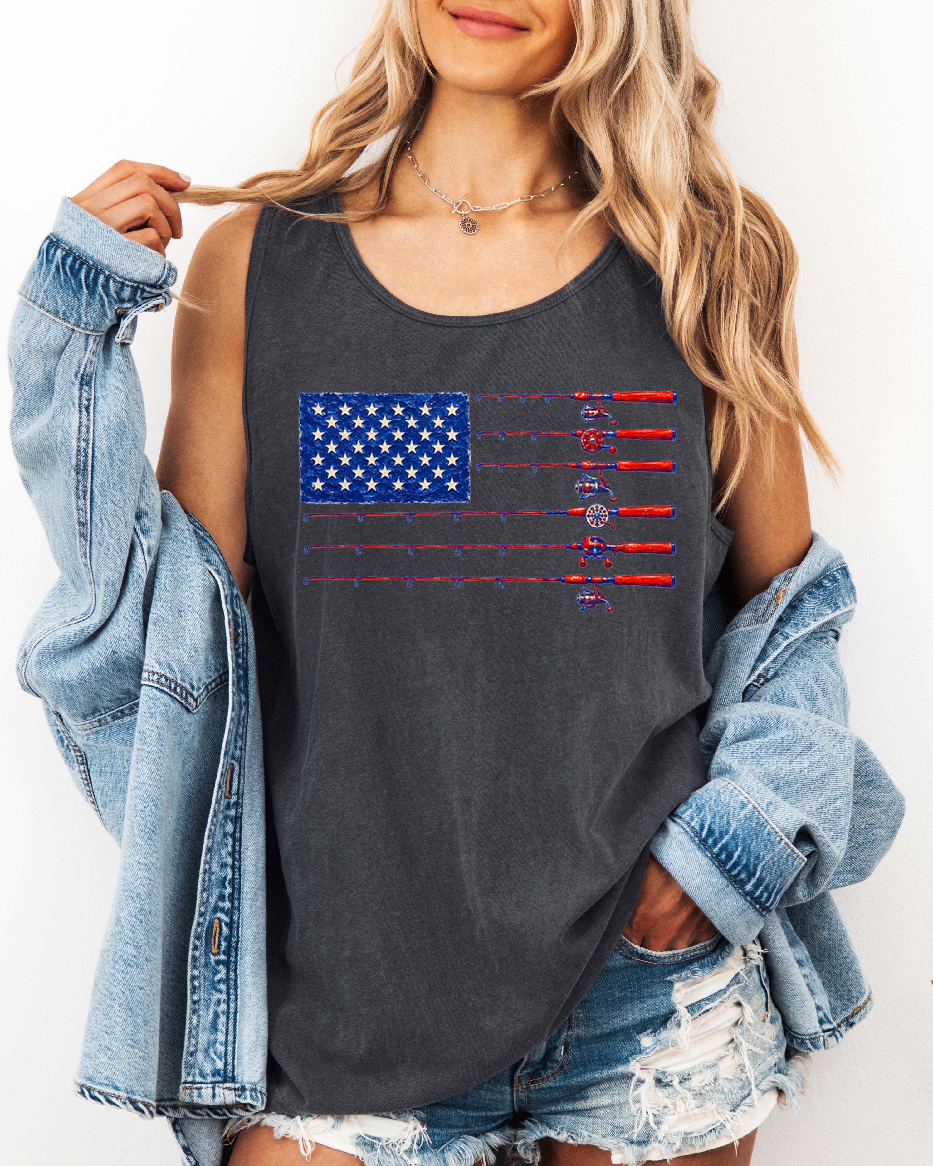 Comfort Colors Patriotic American flag Fishing USATank Top Women Unisex Gift for Dad 4th of July