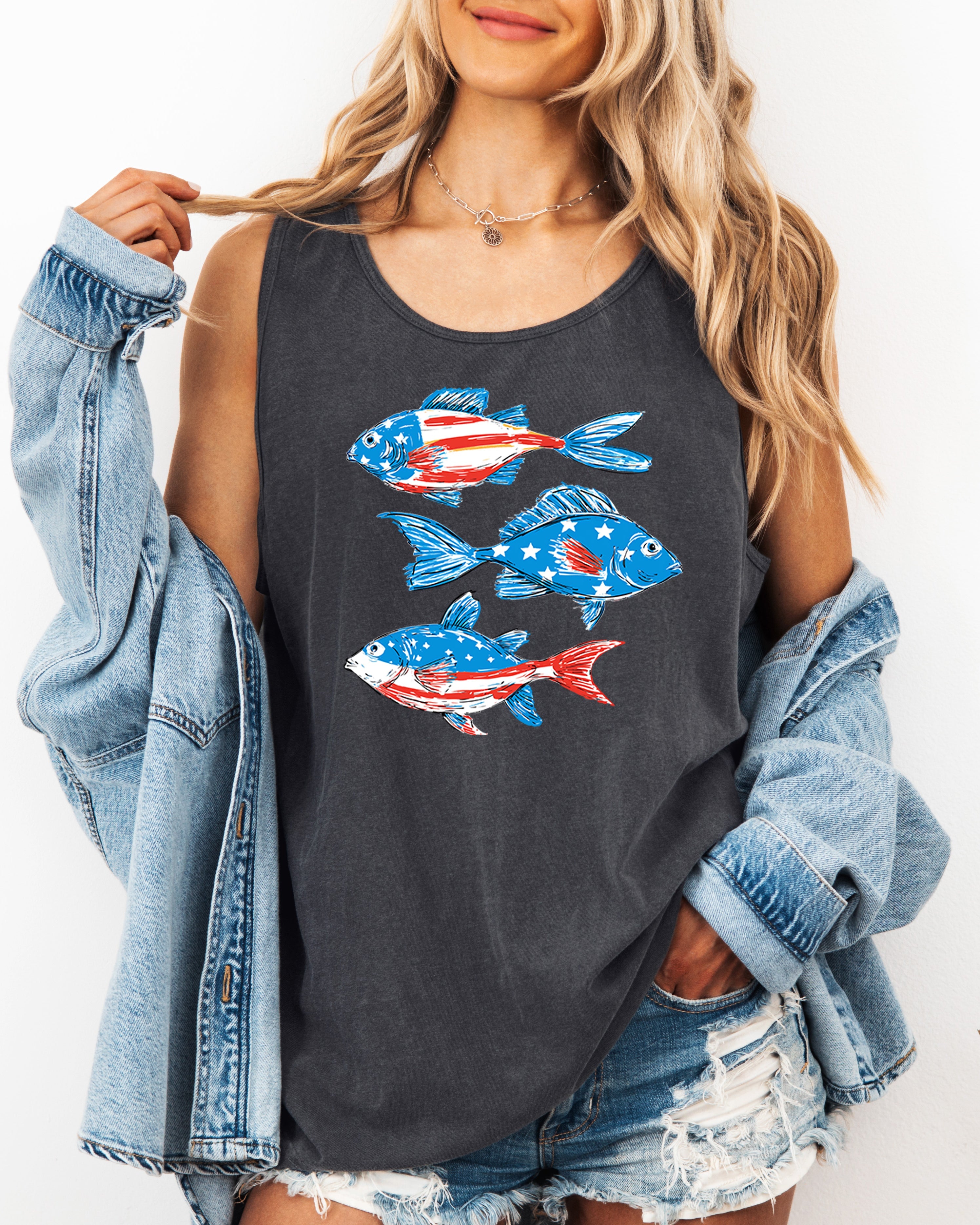 American USA Fish Salmon Lake Camping Comfort Colors Tank Top – Vacation Nature 4th of July Memorial day Veterans day