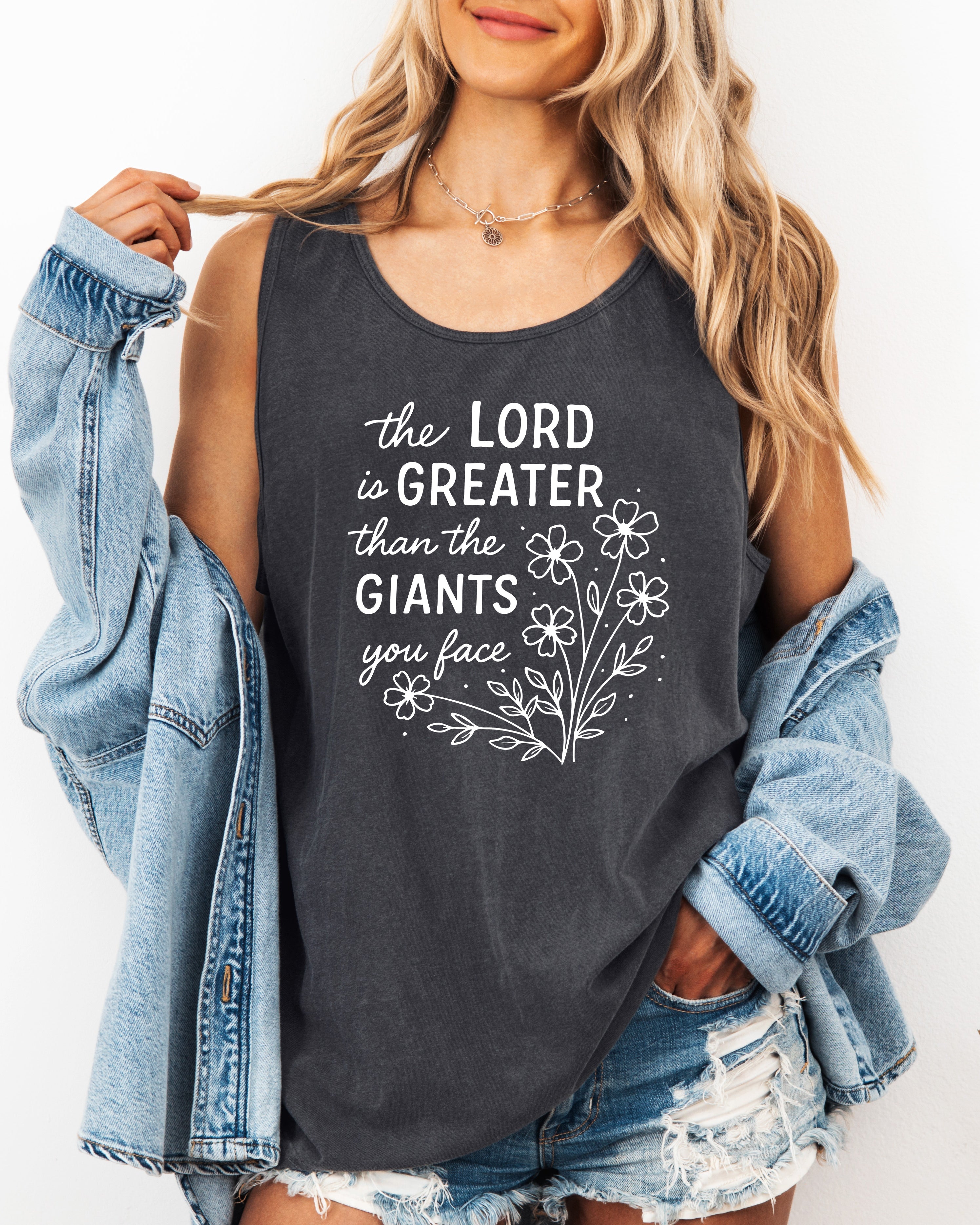 The Lord is greater than the giant Flower Psalm Christian Comfort Colors Tank Top Faith Bible Jesus