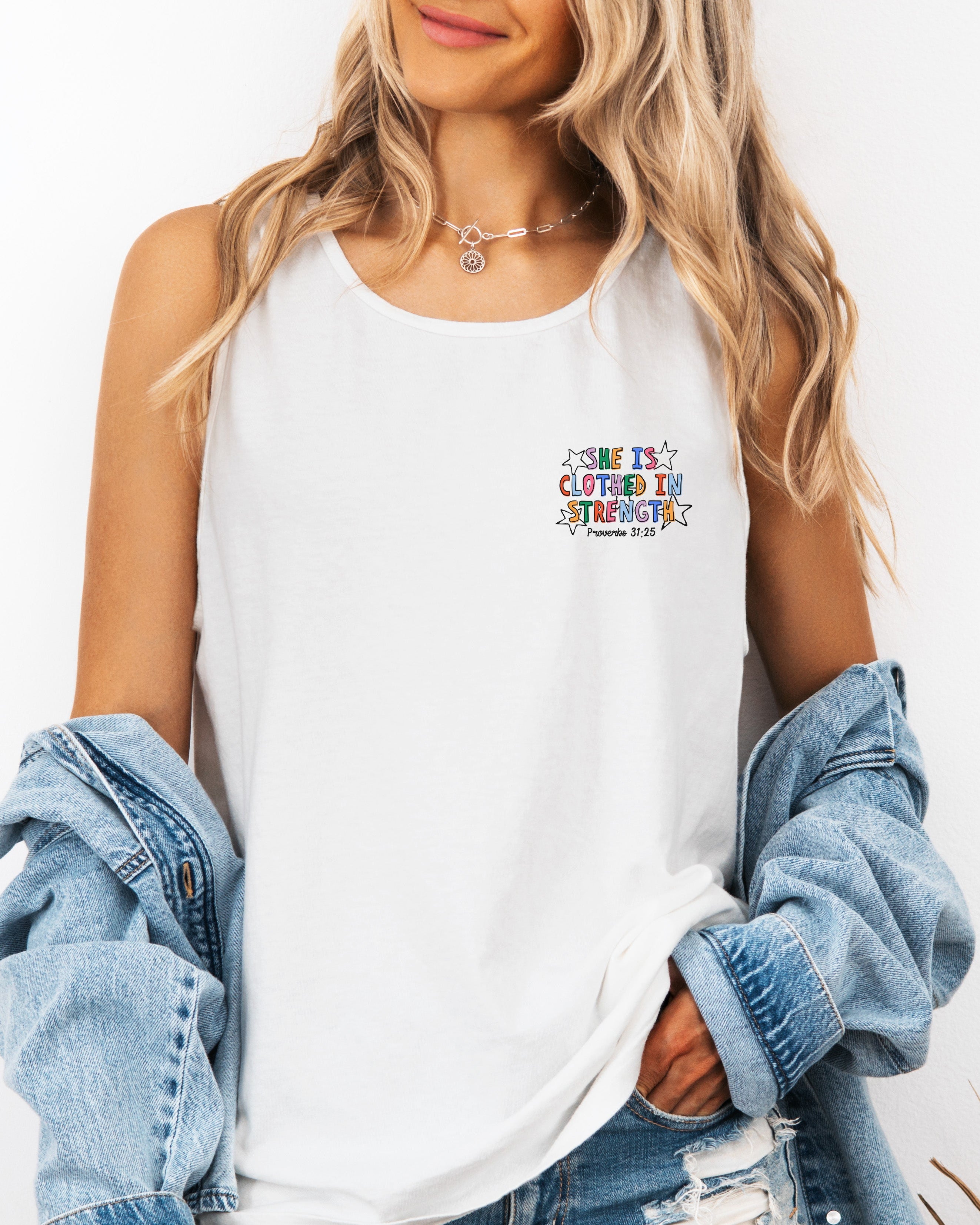 Clothed in Strength Proverbs Christian Comfort Colors Tank Top Faith Bible Jesus
