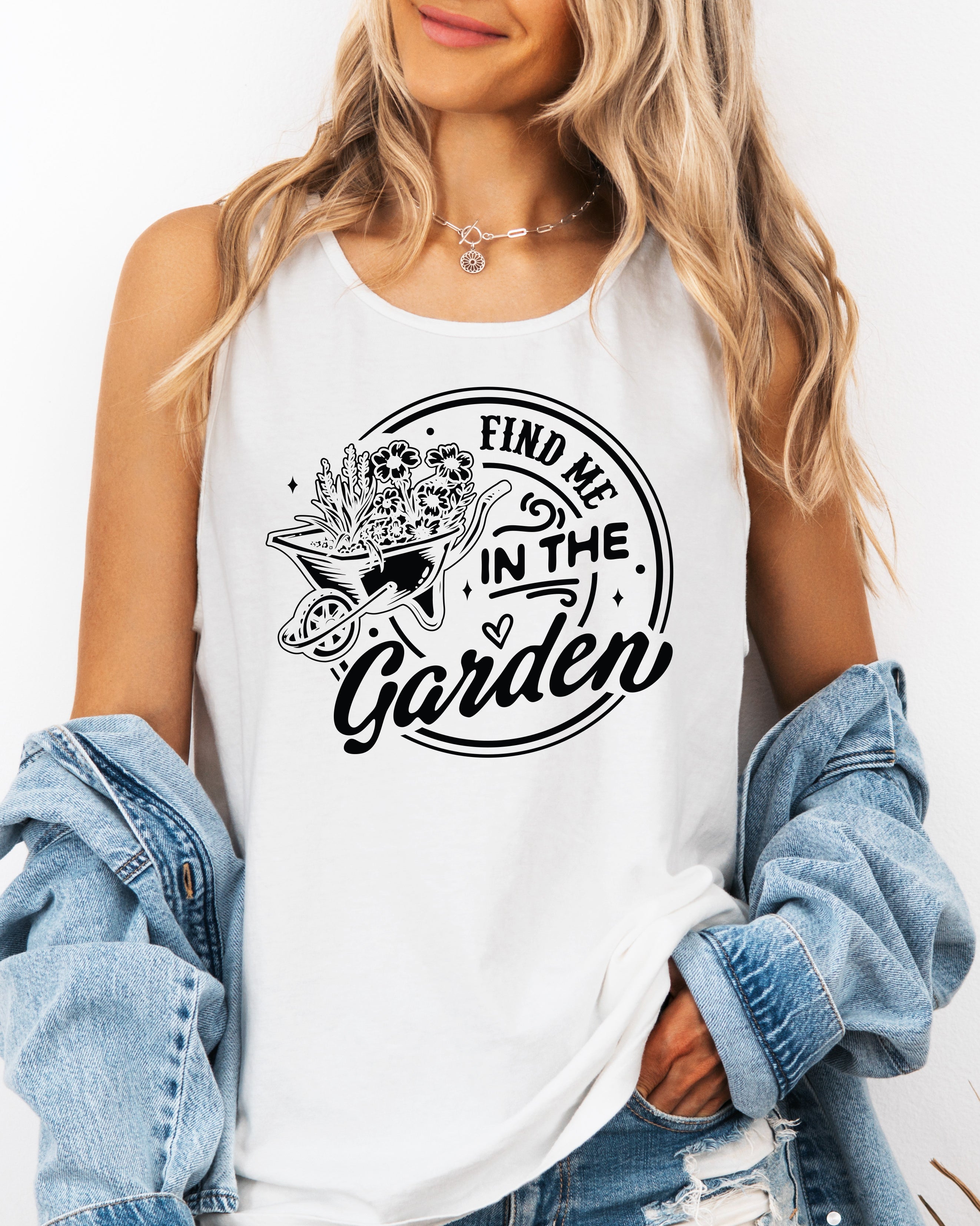 Find me in the Garden Comfort Colors Tank Top – Mountain Hiking Camping Vacation Nature Lake Beach Graphic (Copy)