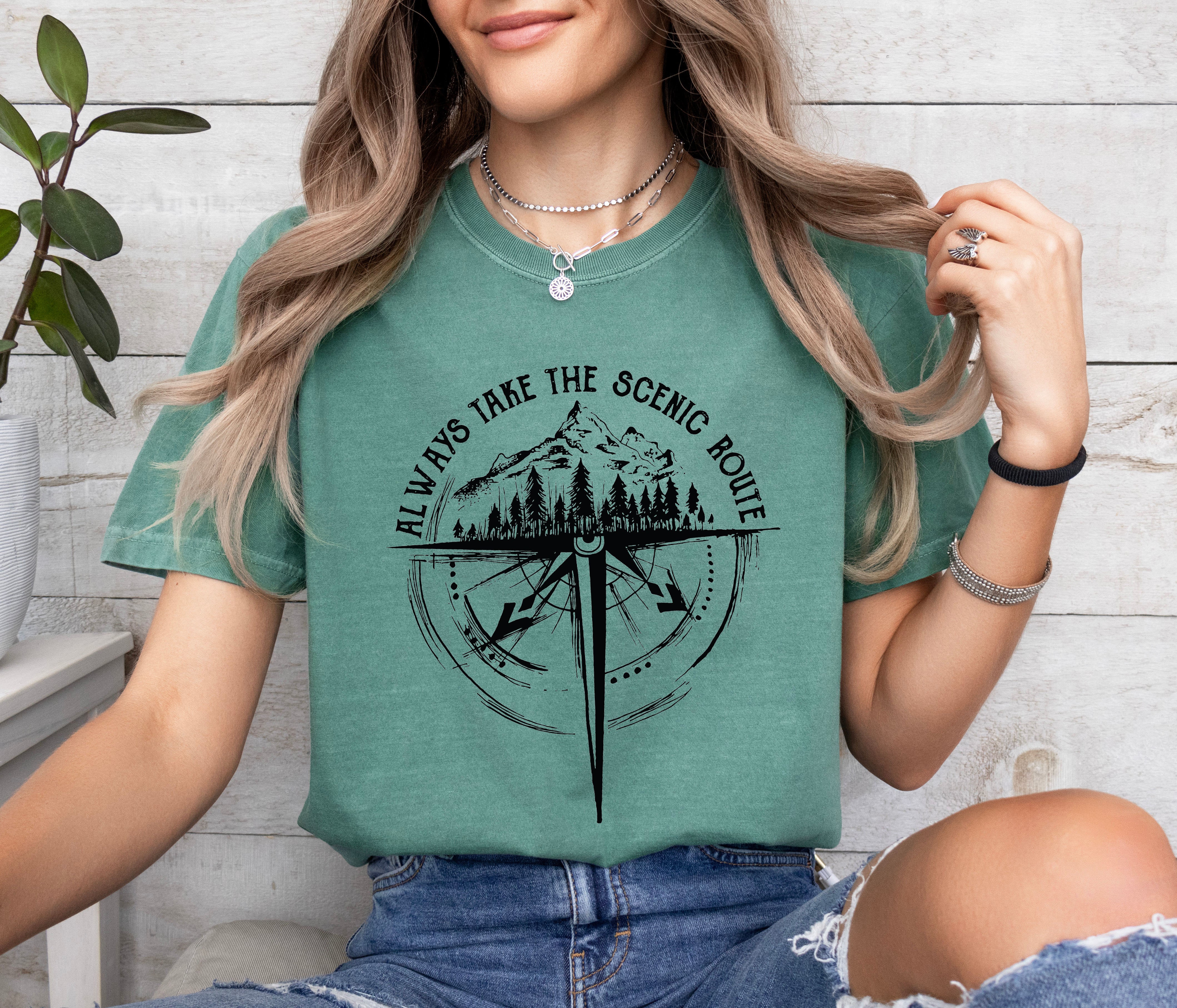 Camping Compass Mountain Summer Plant Nature Garment Dyed T Shirt