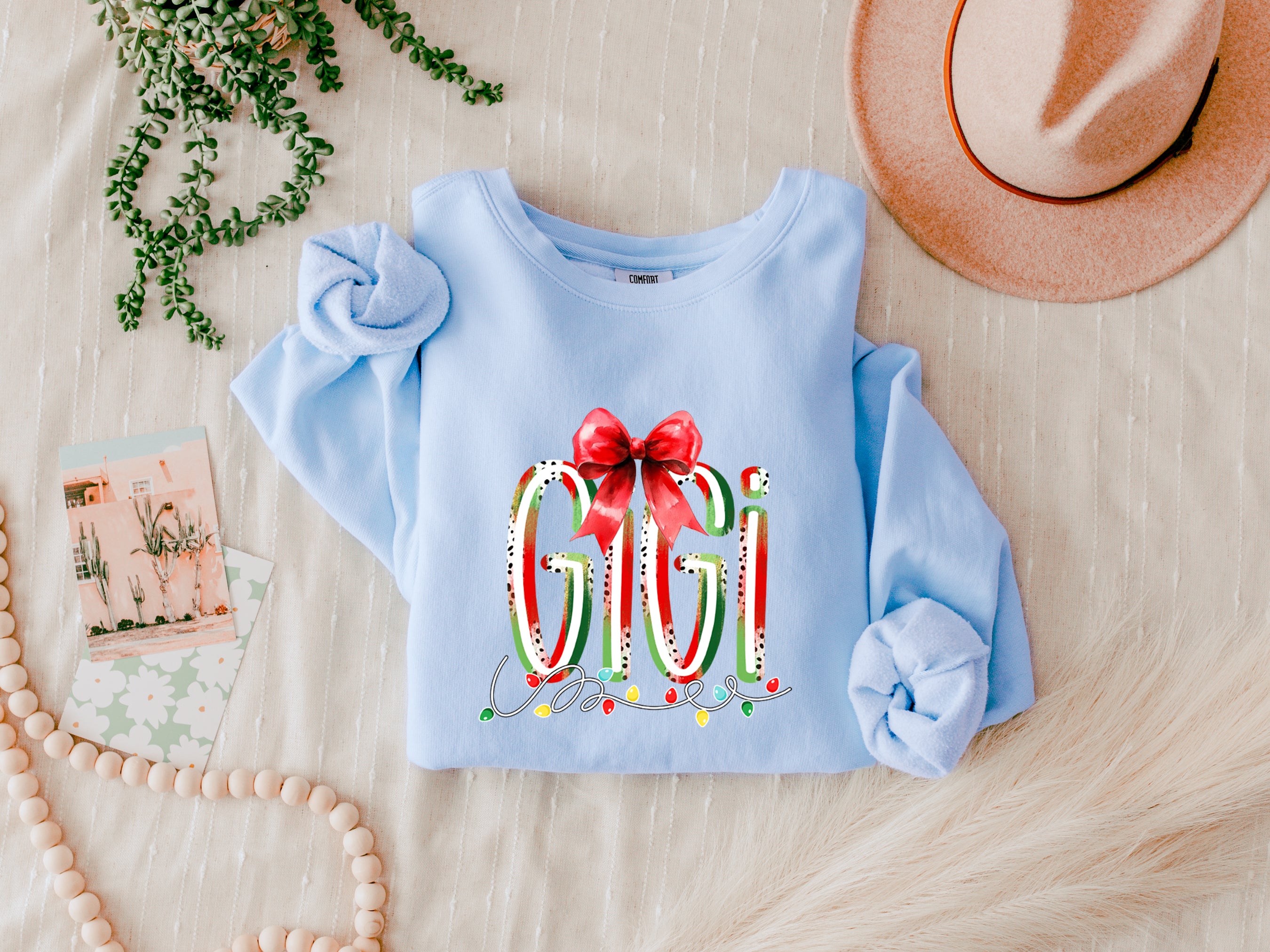 Gigi Christmas Theme Grandma Garment Dyed Comfort Colors Sweatshirt (red ribbon)