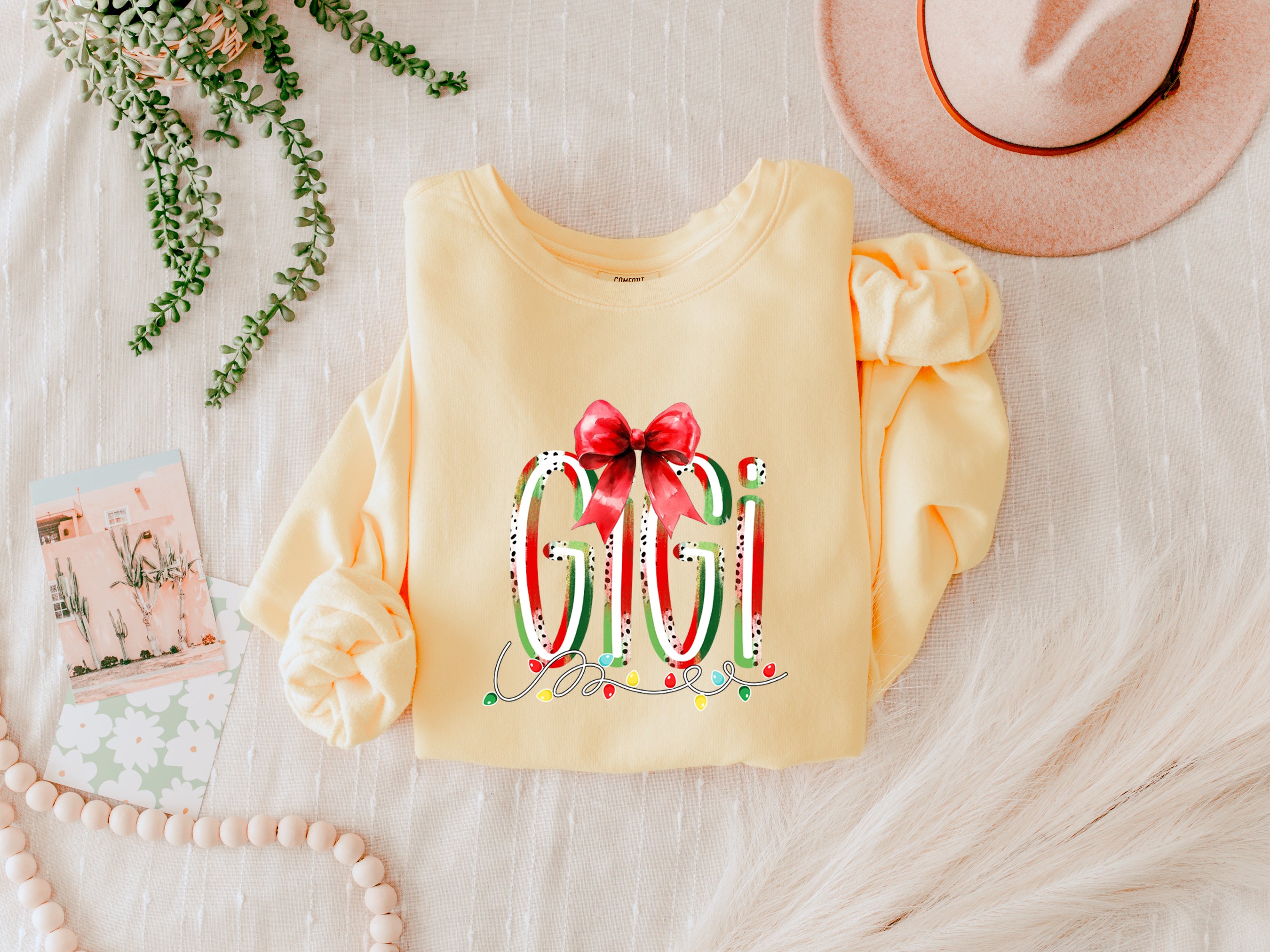 Gigi Christmas Theme Grandma Garment Dyed Comfort Colors Sweatshirt (red ribbon)