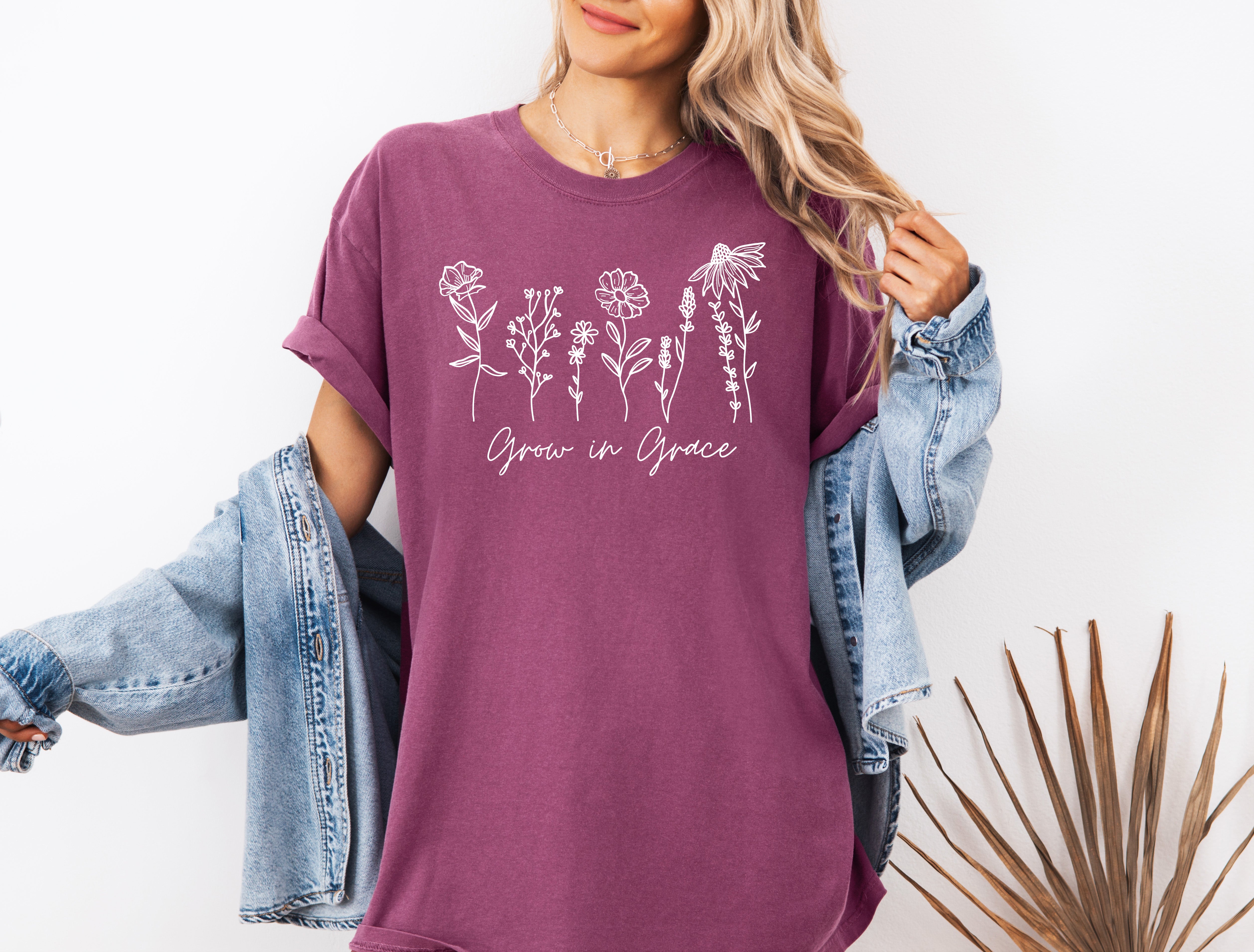 Grow in Grace Comfort Colors Christian and Flower Garment Dyed Christian T Shirt
