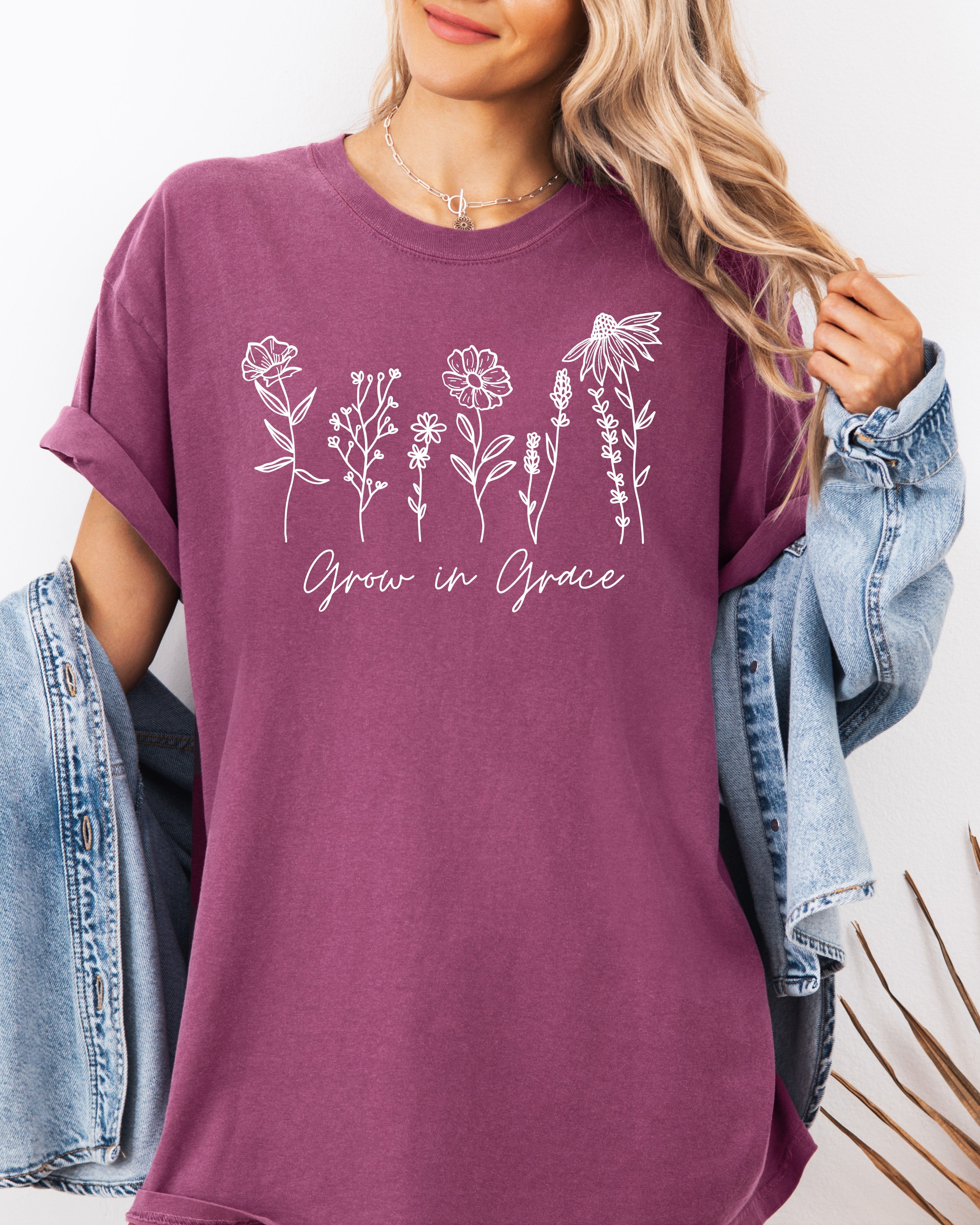 Grow in Grace Comfort Colors Christian and Flower Garment Dyed Christian T Shirt