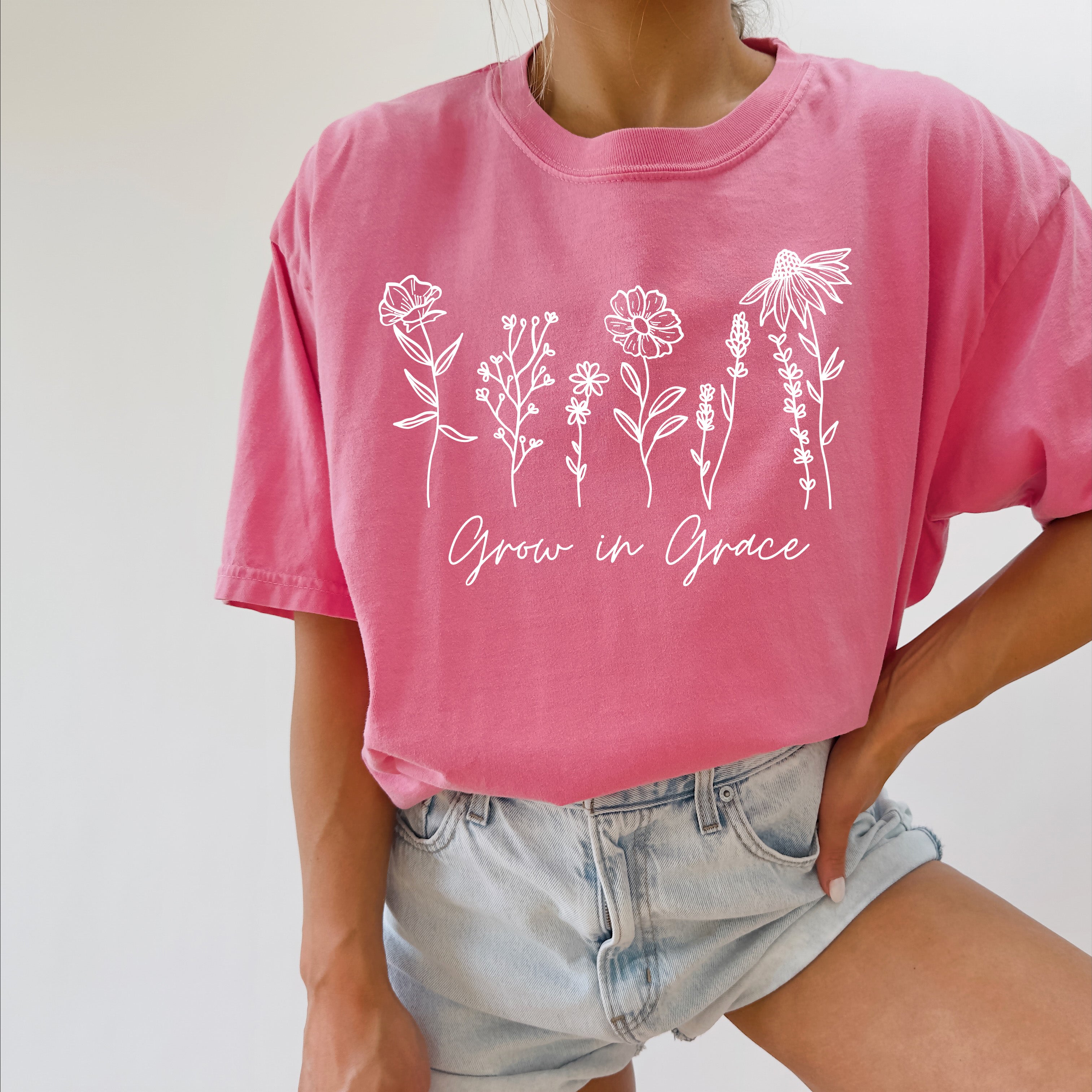 Grow in Grace Comfort Colors Christian and Flower Garment Dyed Christian T Shirt