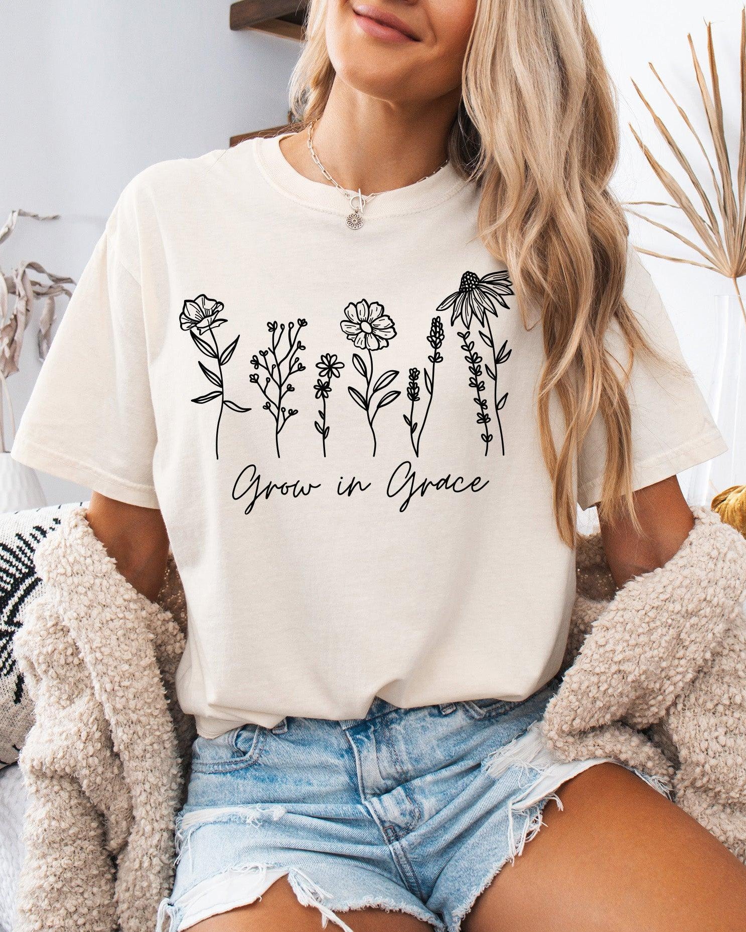 Grow in Grace Comfort Colors Christian and Flower Garment Dyed Christian T Shirt