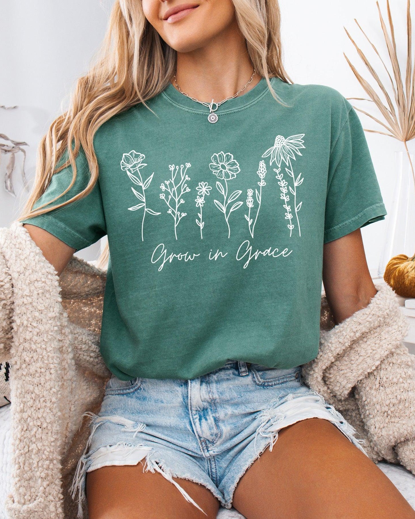 Grow in Grace Comfort Colors Christian and Flower Garment Dyed Christian T Shirt
