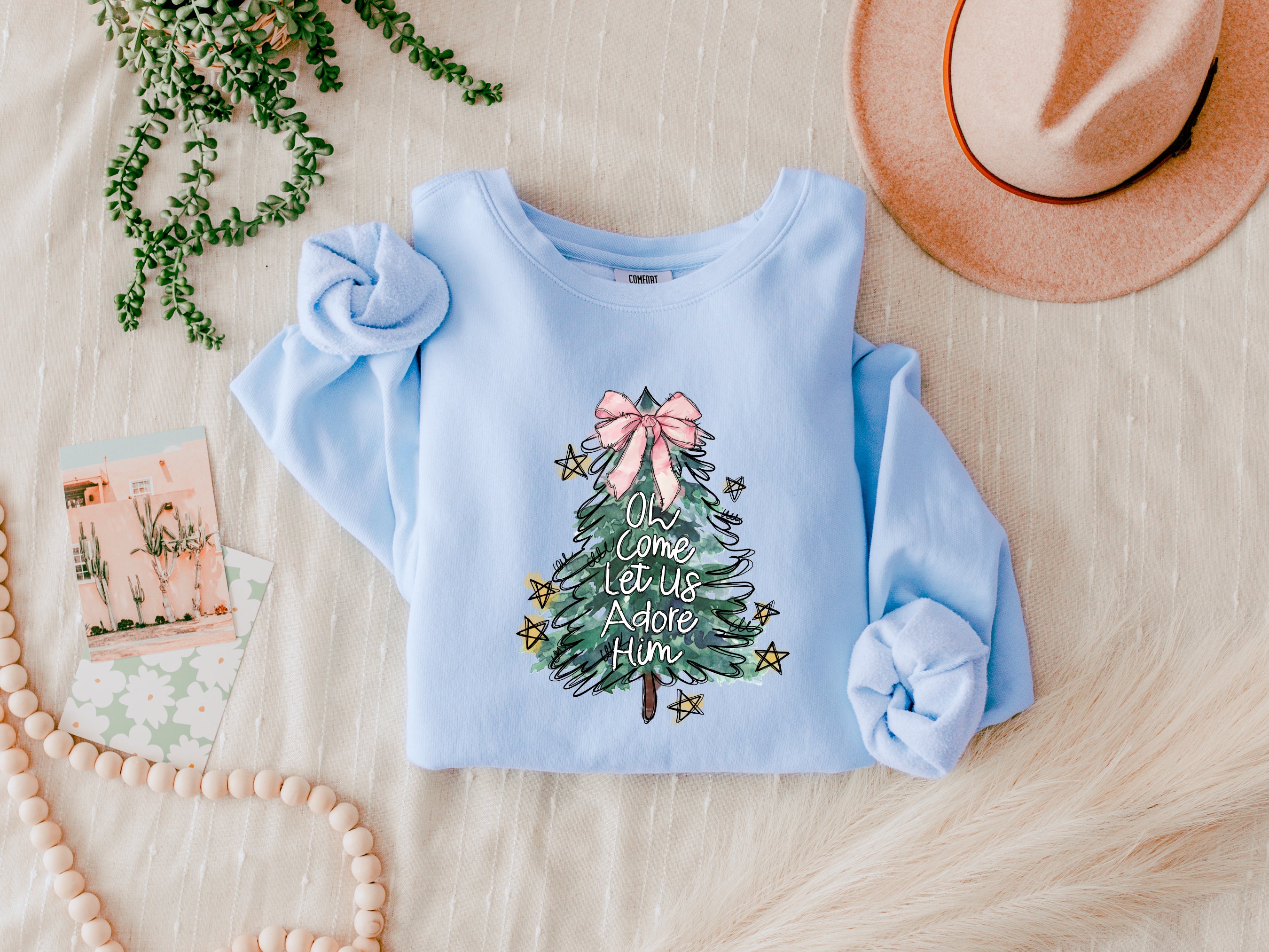 Merry Christmas Tree Christian O come let us adore him Winter Holiday Fall Autumn Inspirational Garment Dyed Comfort Colors Sweatshirt