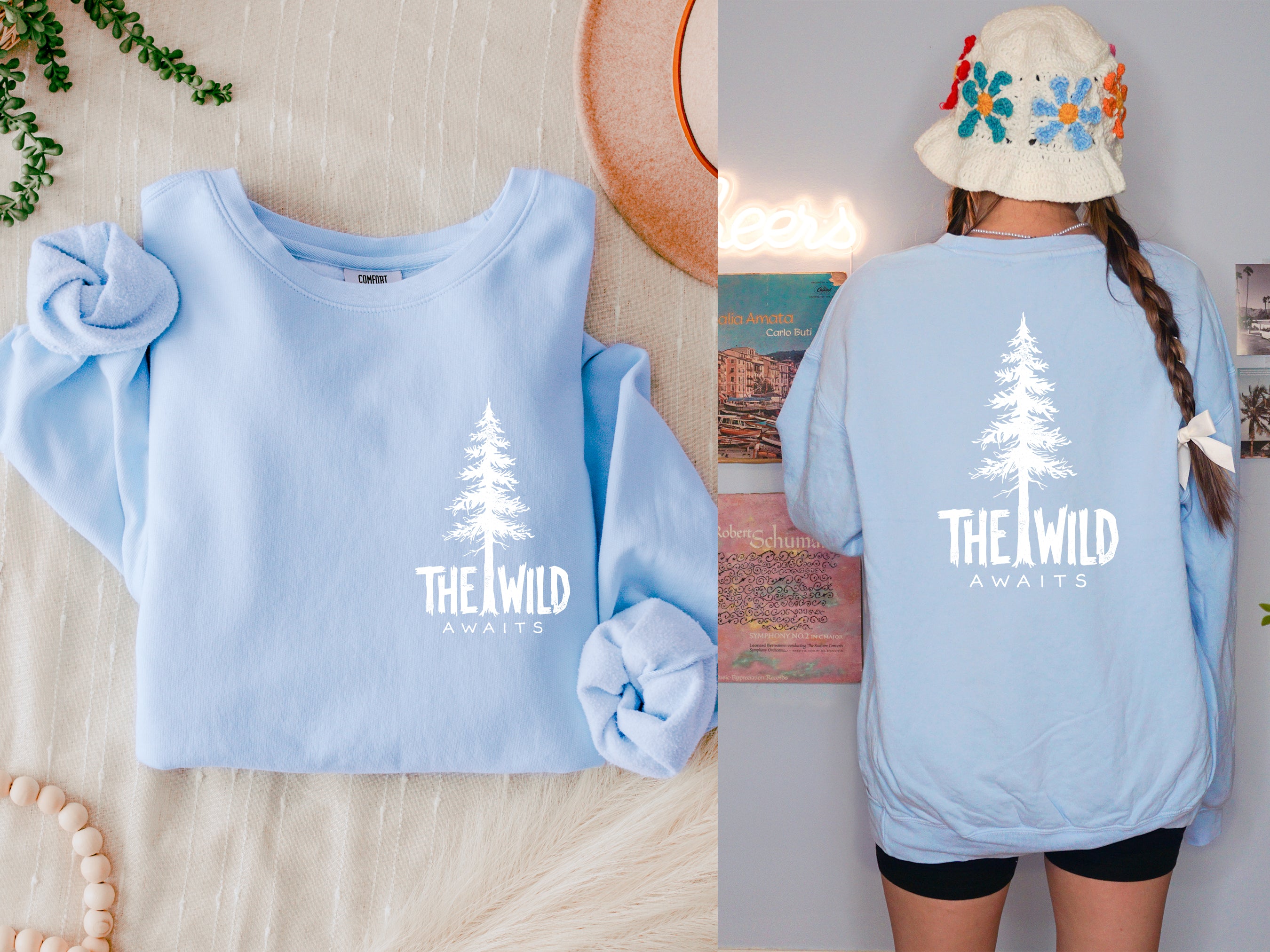 The Wild Awaits Mountain Nature Comfort Colors Garment-Dyed 100% Cotton Lightweight Sweatshirt – Camping & Hiking Outdoor Graphic