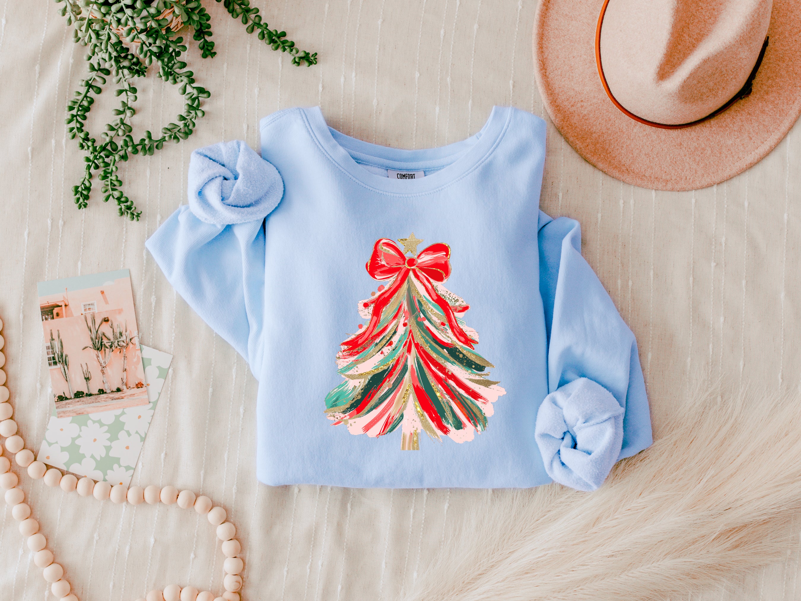 Merry Christmas Tree Holiday Winter Fall Inspirational Garment Dyed Comfort Colors Sweatshirt (Red Ribbon)