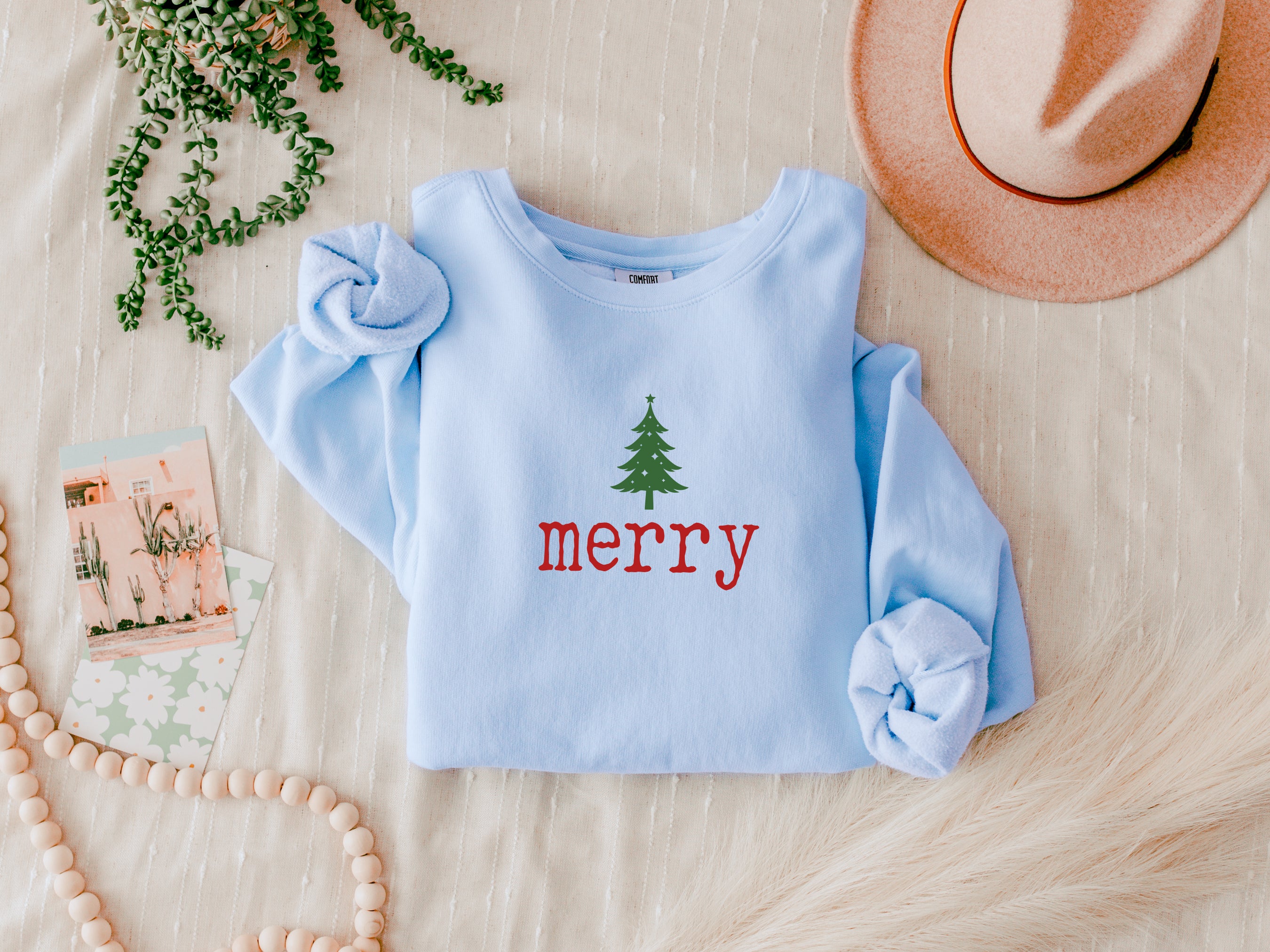 Merry Christmas Tree Holiday Winter Fall Inspirational Garment Dyed Comfort Colors Sweatshirt (Merry)