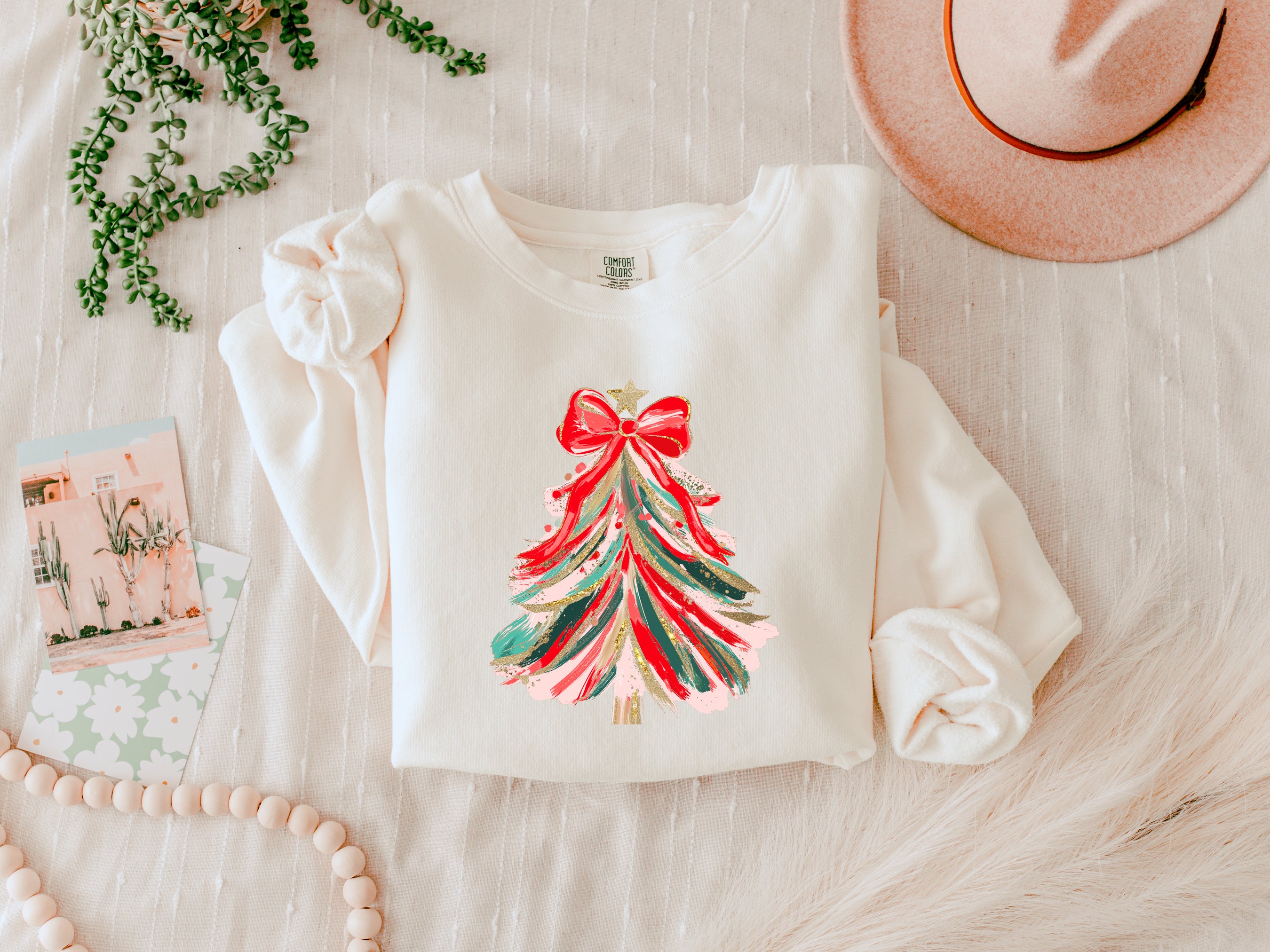 Merry Christmas Tree Holiday Winter Fall Inspirational Garment Dyed Comfort Colors Sweatshirt (Red Ribbon)