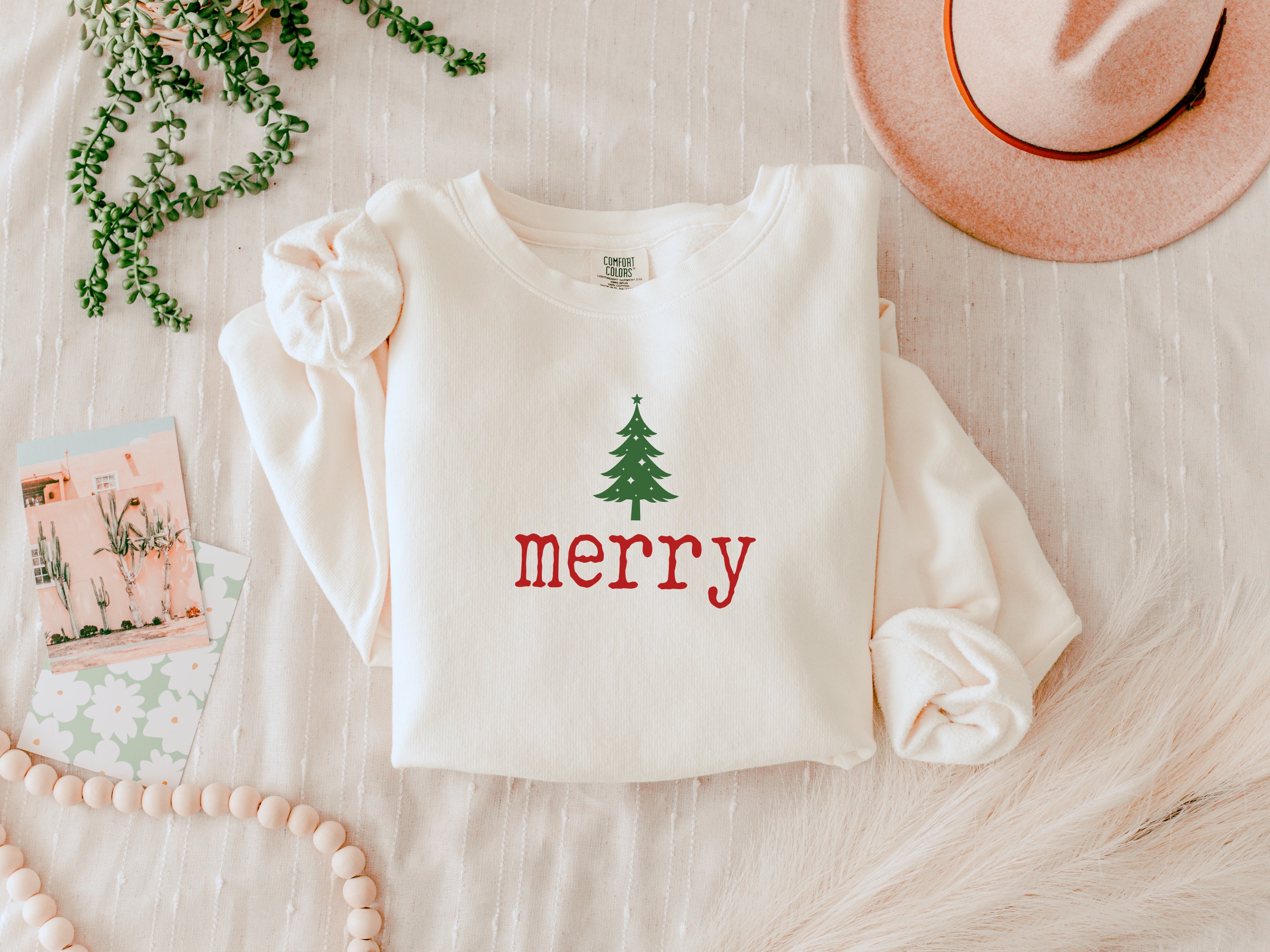 Merry Christmas Tree Holiday Winter Fall Inspirational Garment Dyed Comfort Colors Sweatshirt (Merry)