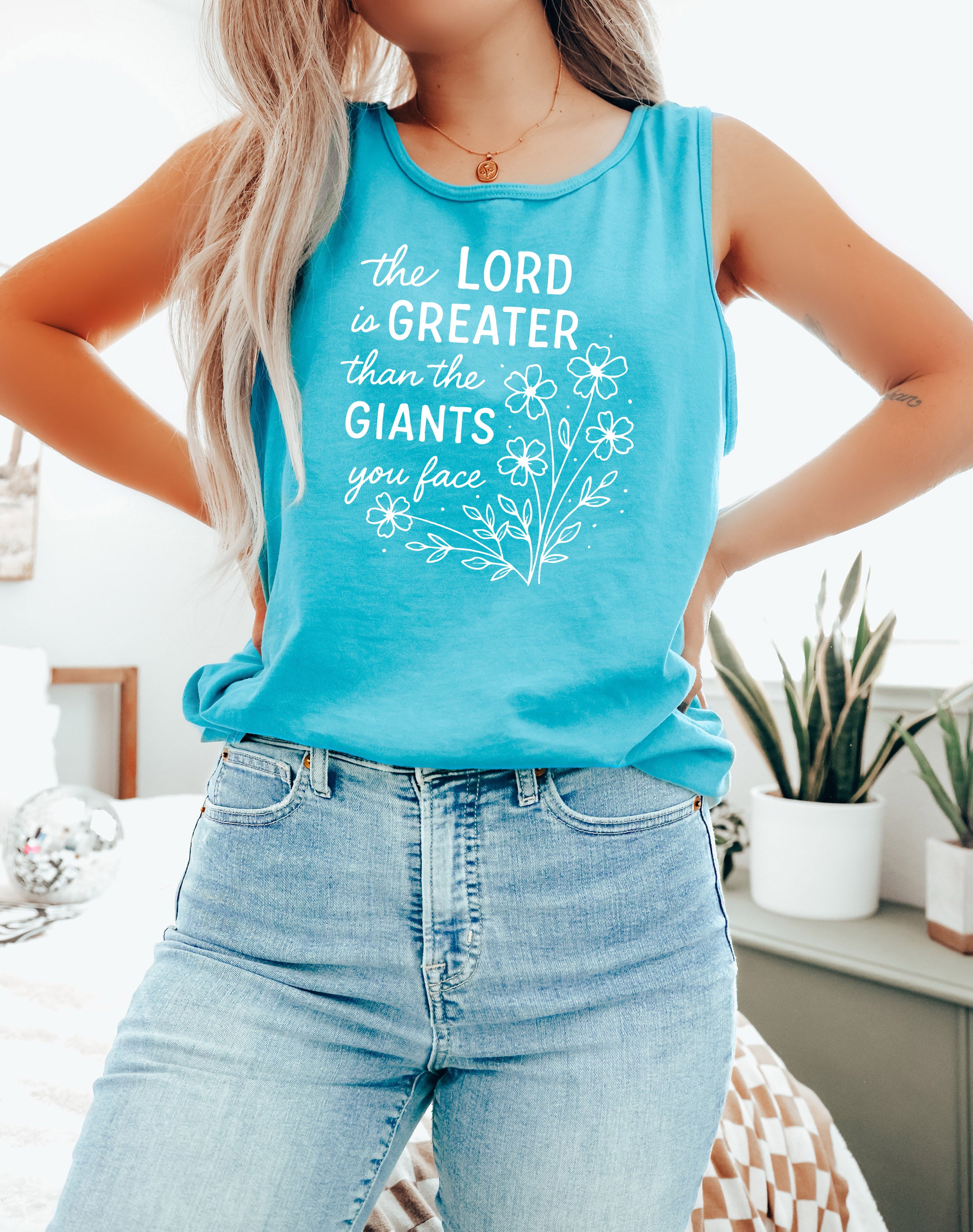 The Lord is greater than the giant Flower Psalm Christian Comfort Colors Tank Top Faith Bible Jesus