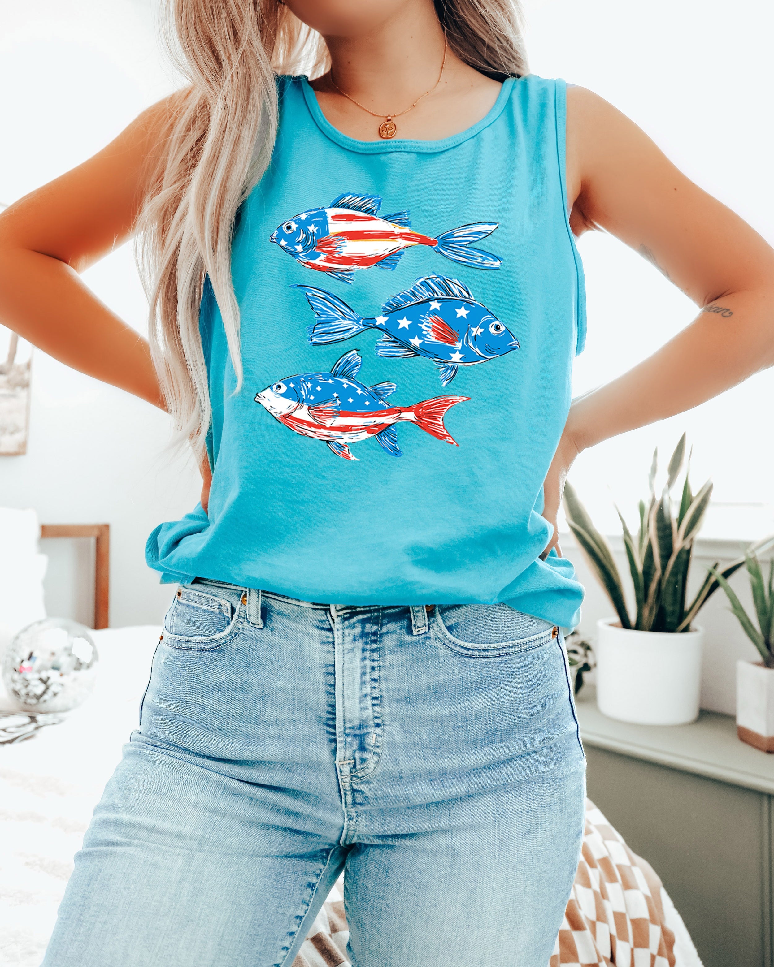 American USA Fish Salmon Lake Camping Comfort Colors Tank Top – Vacation Nature 4th of July Memorial day Veterans day
