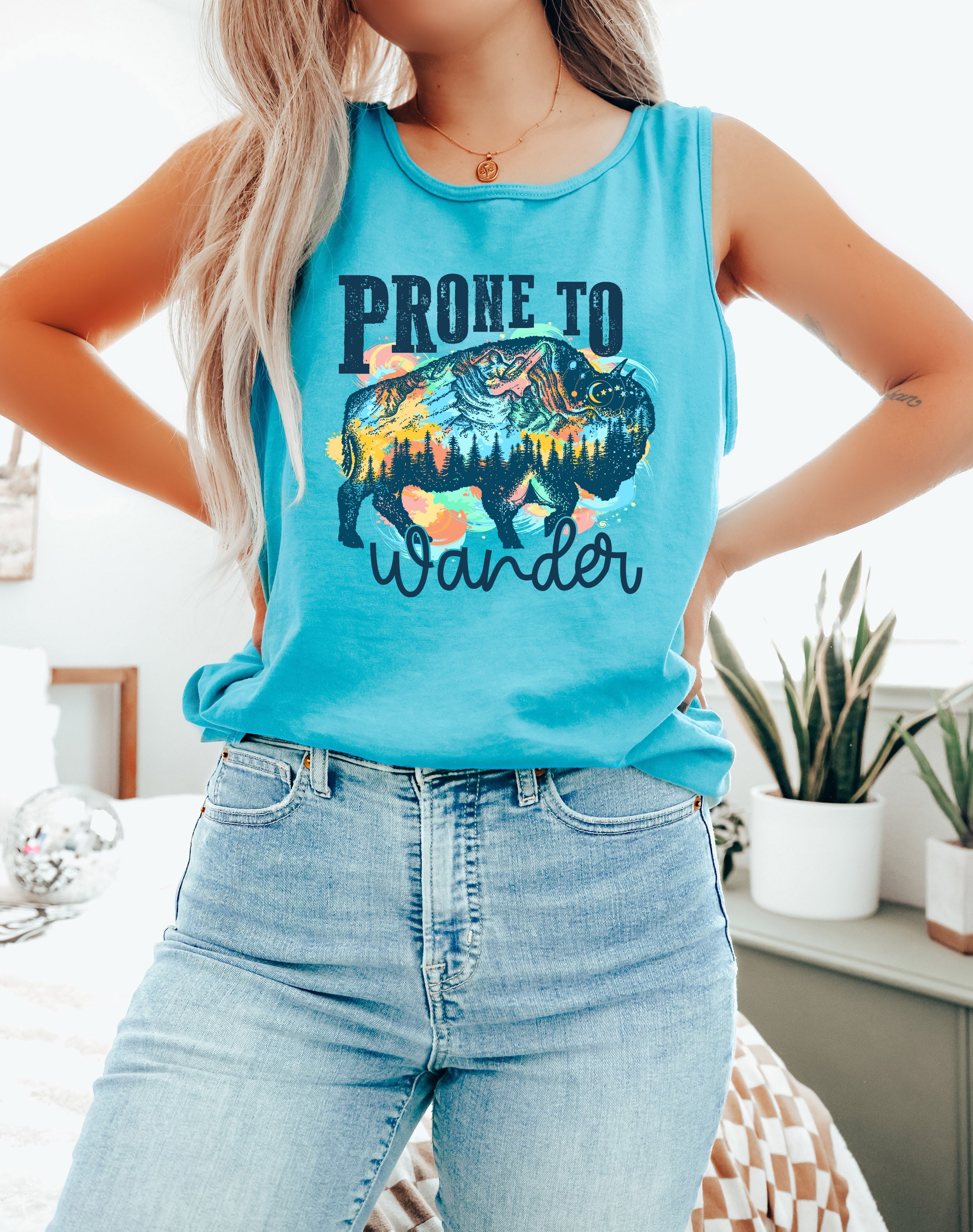 Prone to Wander Buffalo Lake Camping Comfort Colors Tank Top – Mountain Hiking Camping Vacation Nature Lake Beach Graphic