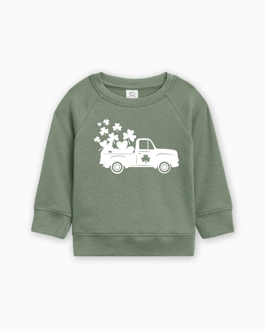 Lucky Shamrock Clover Truck St. Patricks Kids Organic Cotton Pullover
