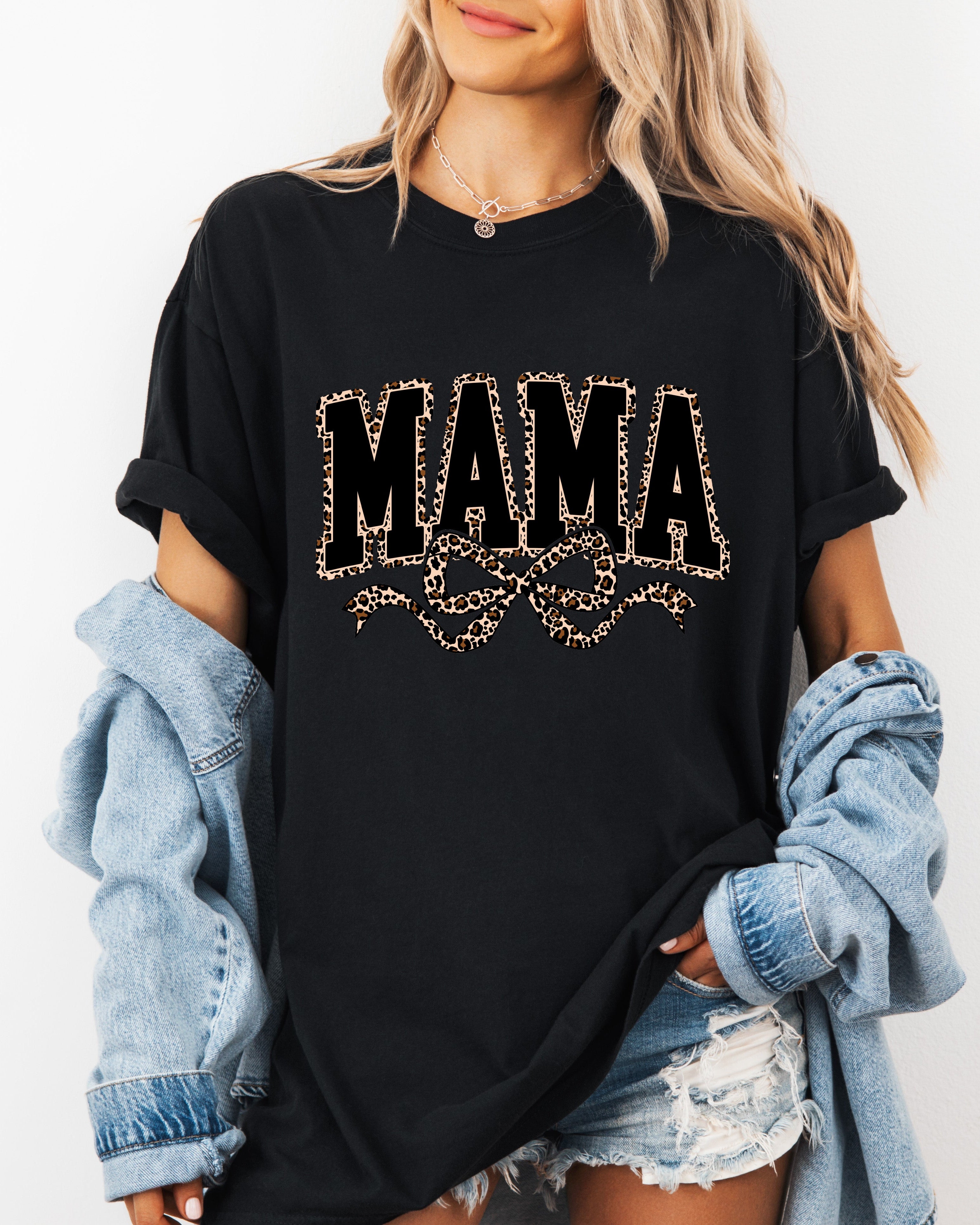 Mama Leopard Ribbon Comfort Colors T Shirt (Center)