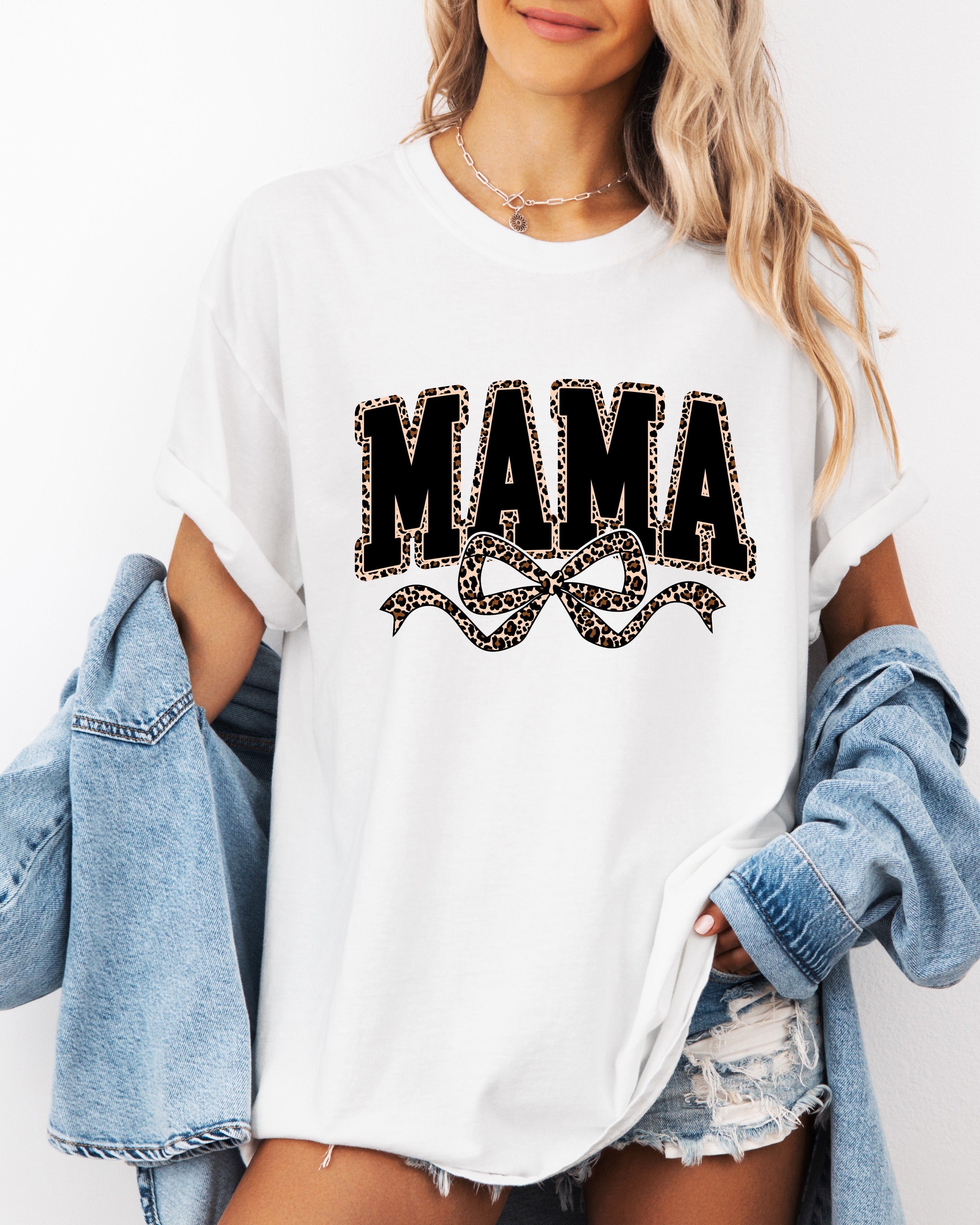 Mama Leopard Ribbon Comfort Colors T Shirt (Center)