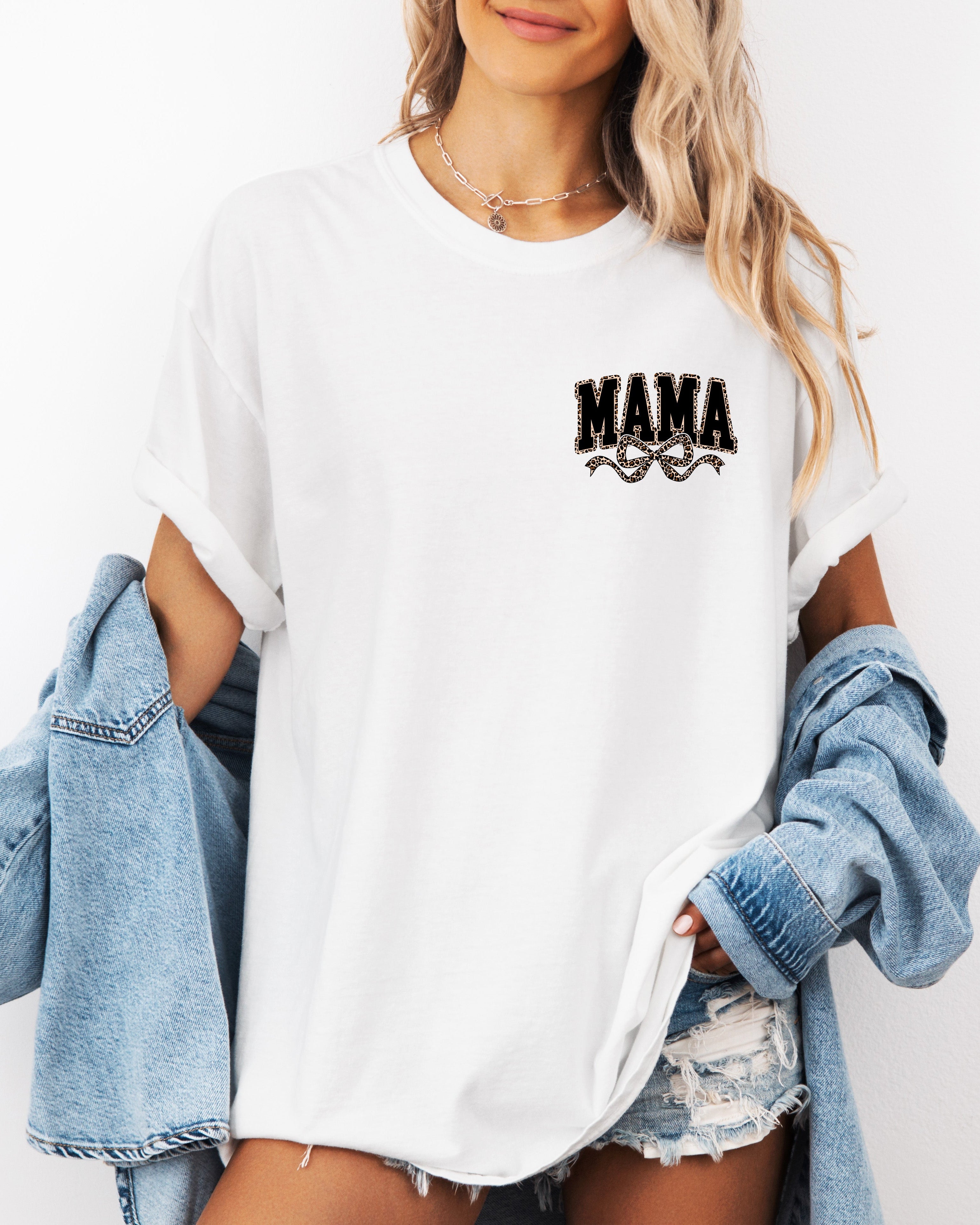 Mama Leopard Ribbon Comfort Colors T Shirt (Left Chest)
