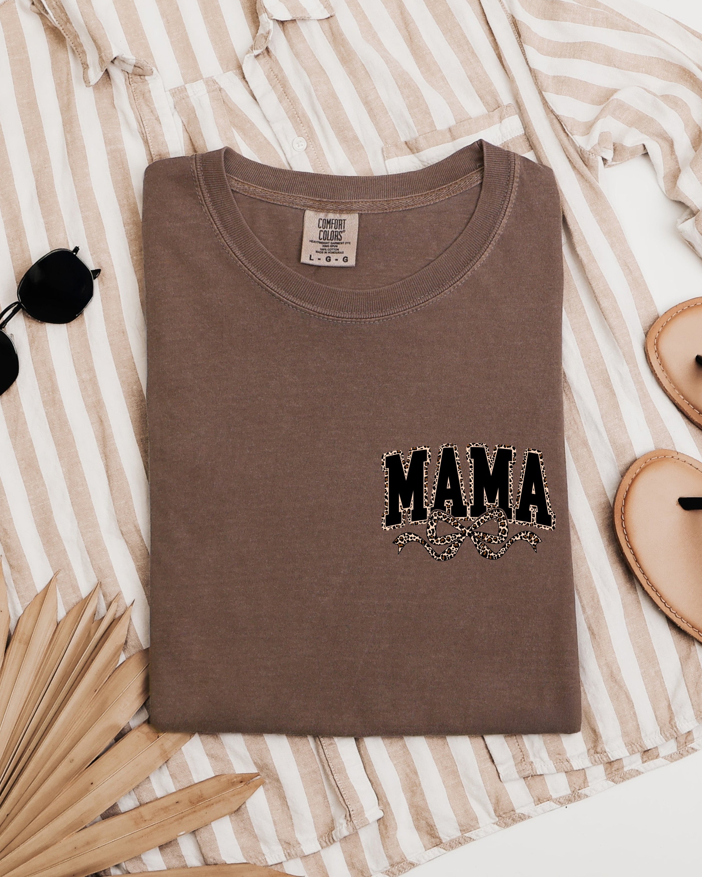 Mama Leopard Ribbon Comfort Colors T Shirt (Left Chest)