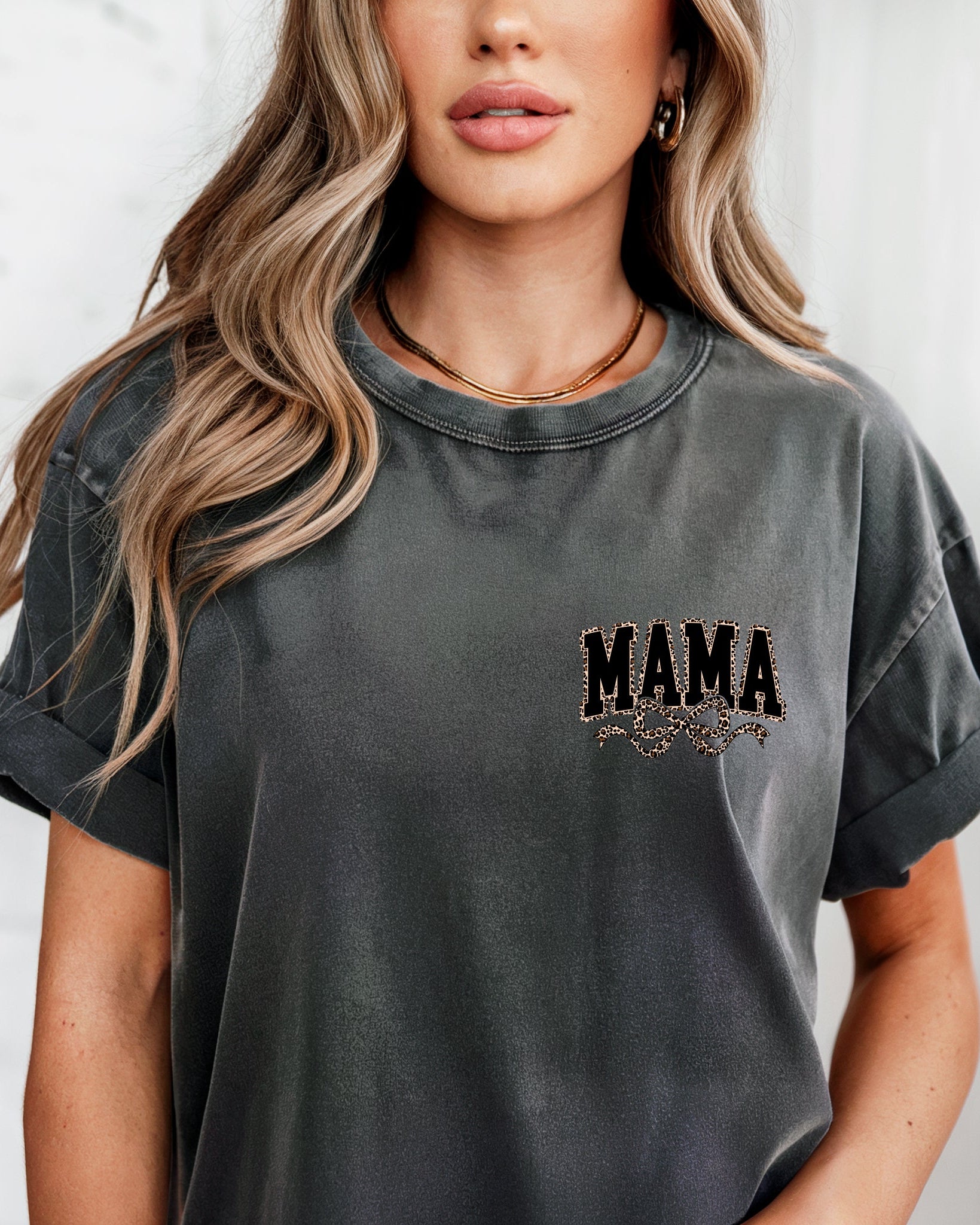 Mama Leopard Ribbon Comfort Colors T Shirt (Left Chest)