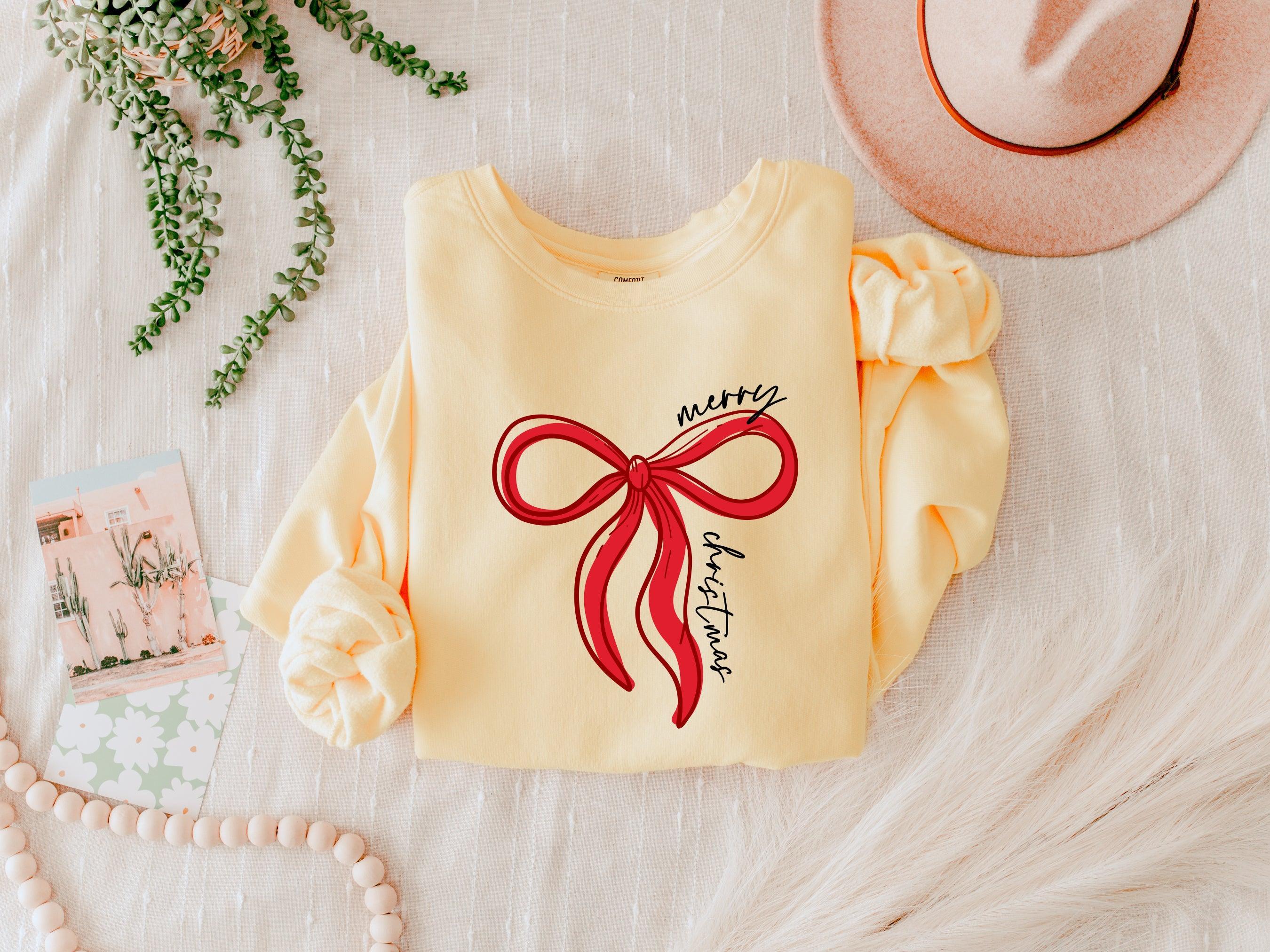 Merry Christmas Ribbon Holiday Winter Garment Dyed Comfort Colors Sweatshirt