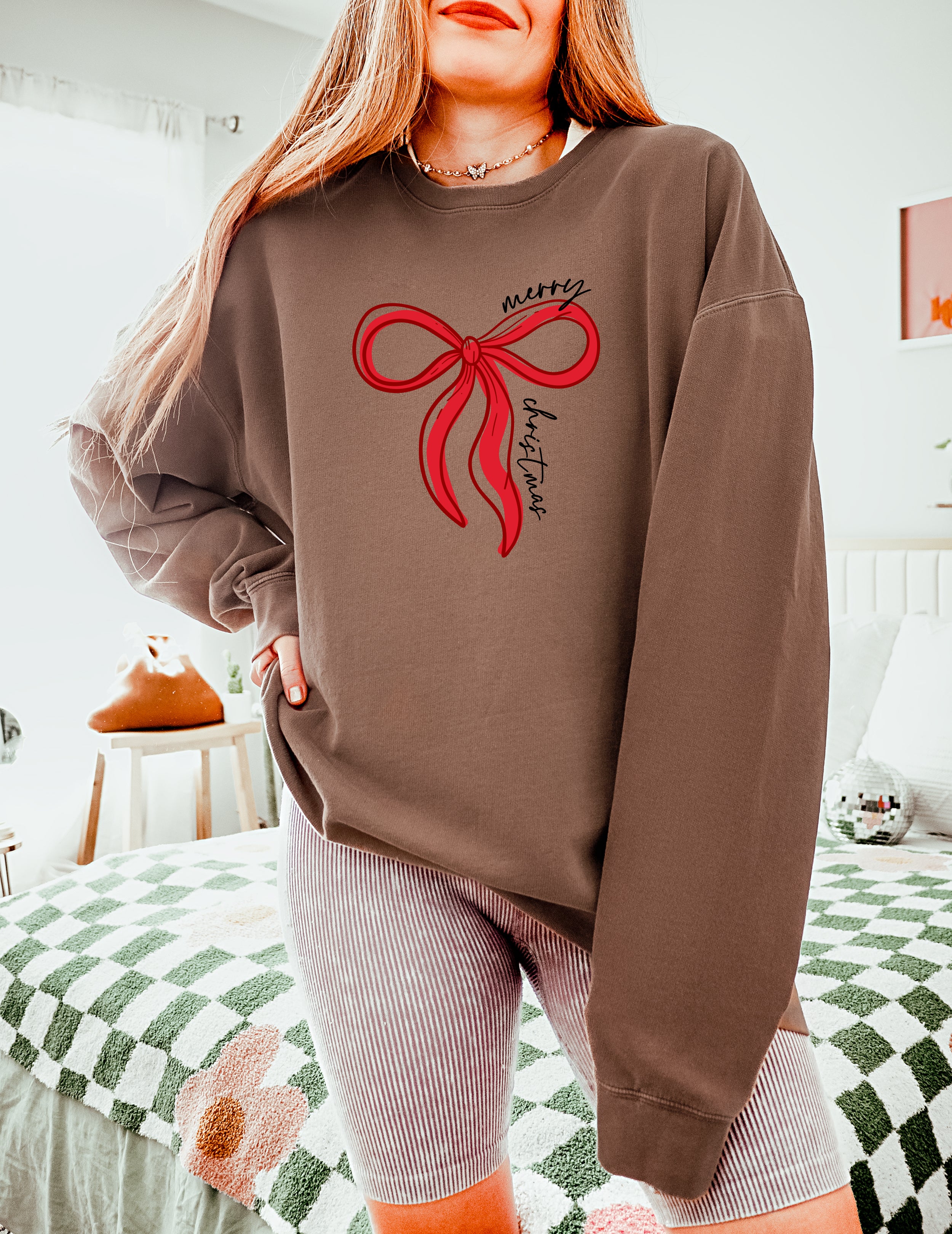 Merry Christmas Ribbon Holiday Winter Garment Dyed Comfort Colors Sweatshirt