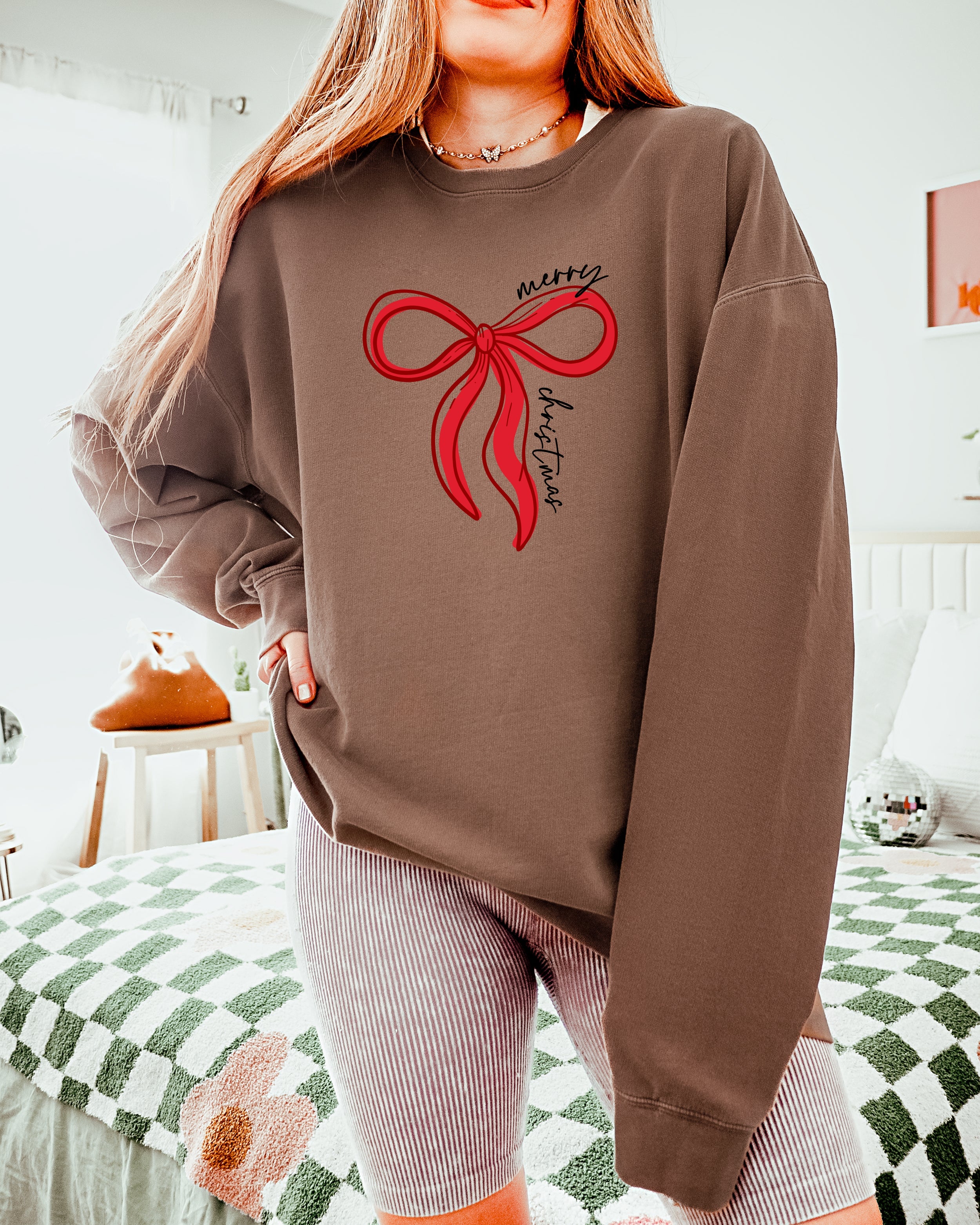 Merry Christmas Ribbon Holiday Winter Garment Dyed Comfort Colors Sweatshirt