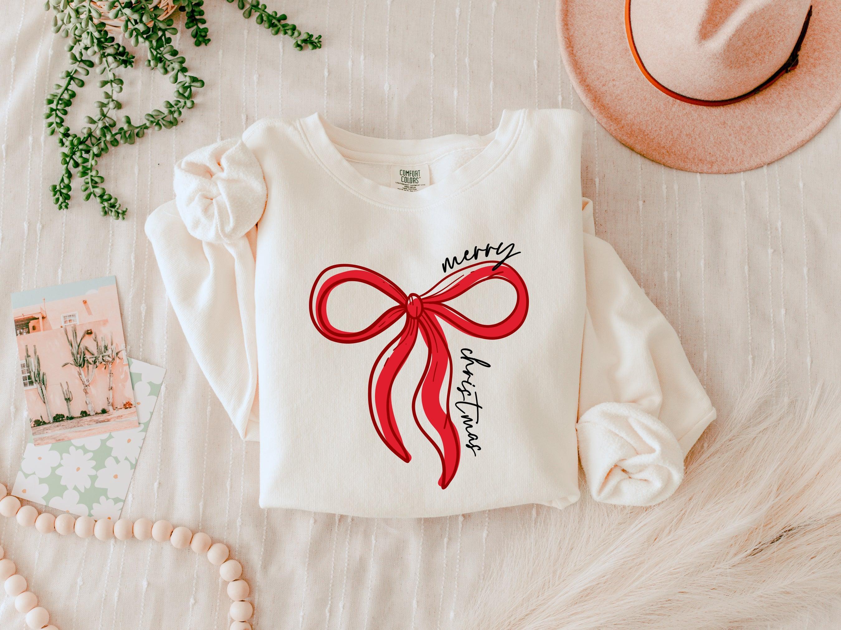 Merry Christmas Ribbon Holiday Winter Garment Dyed Comfort Colors Sweatshirt