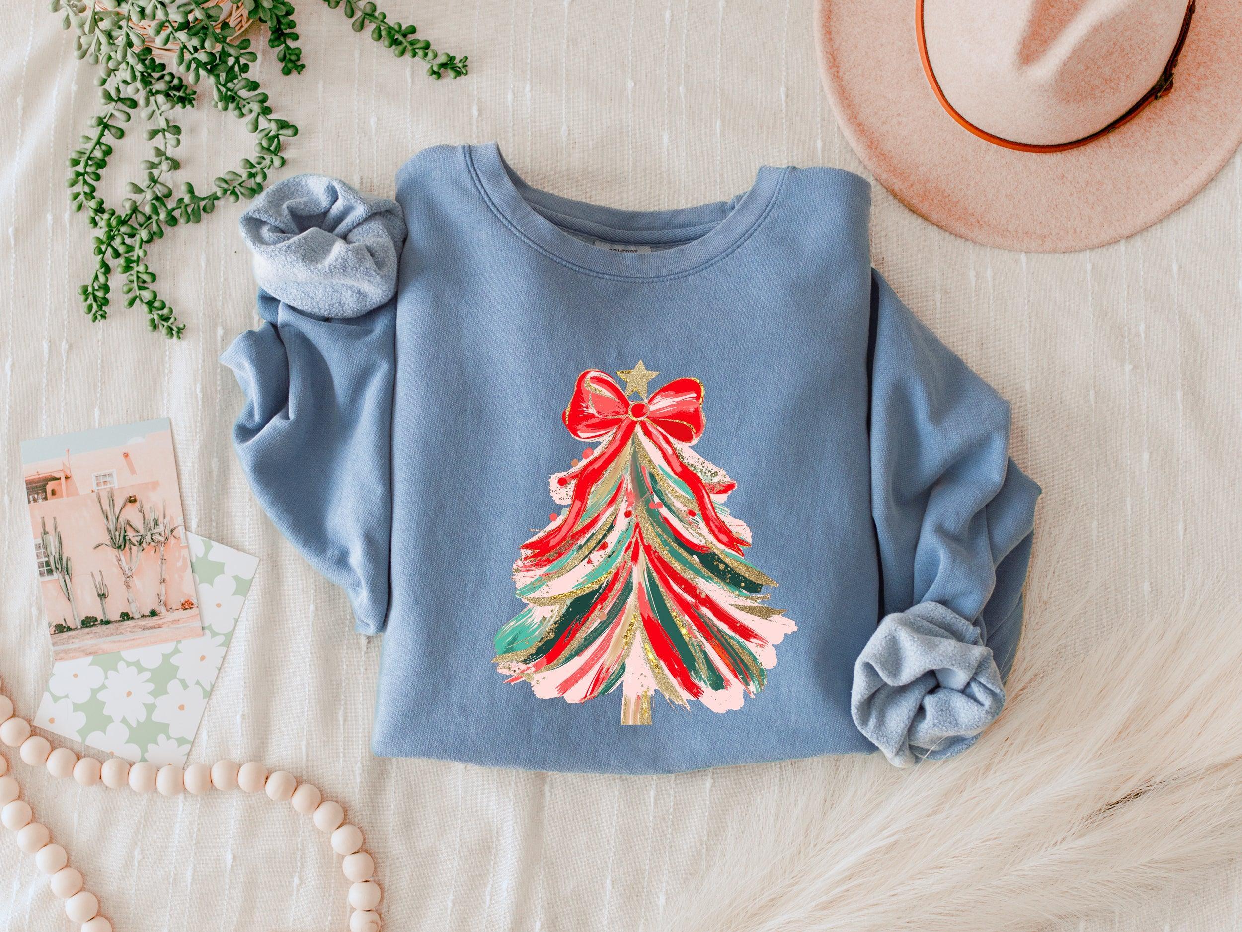 Merry Christmas Tree Holiday Winter Garment Dyed Comfort Colors Sweatshirt (Red Ribbon)