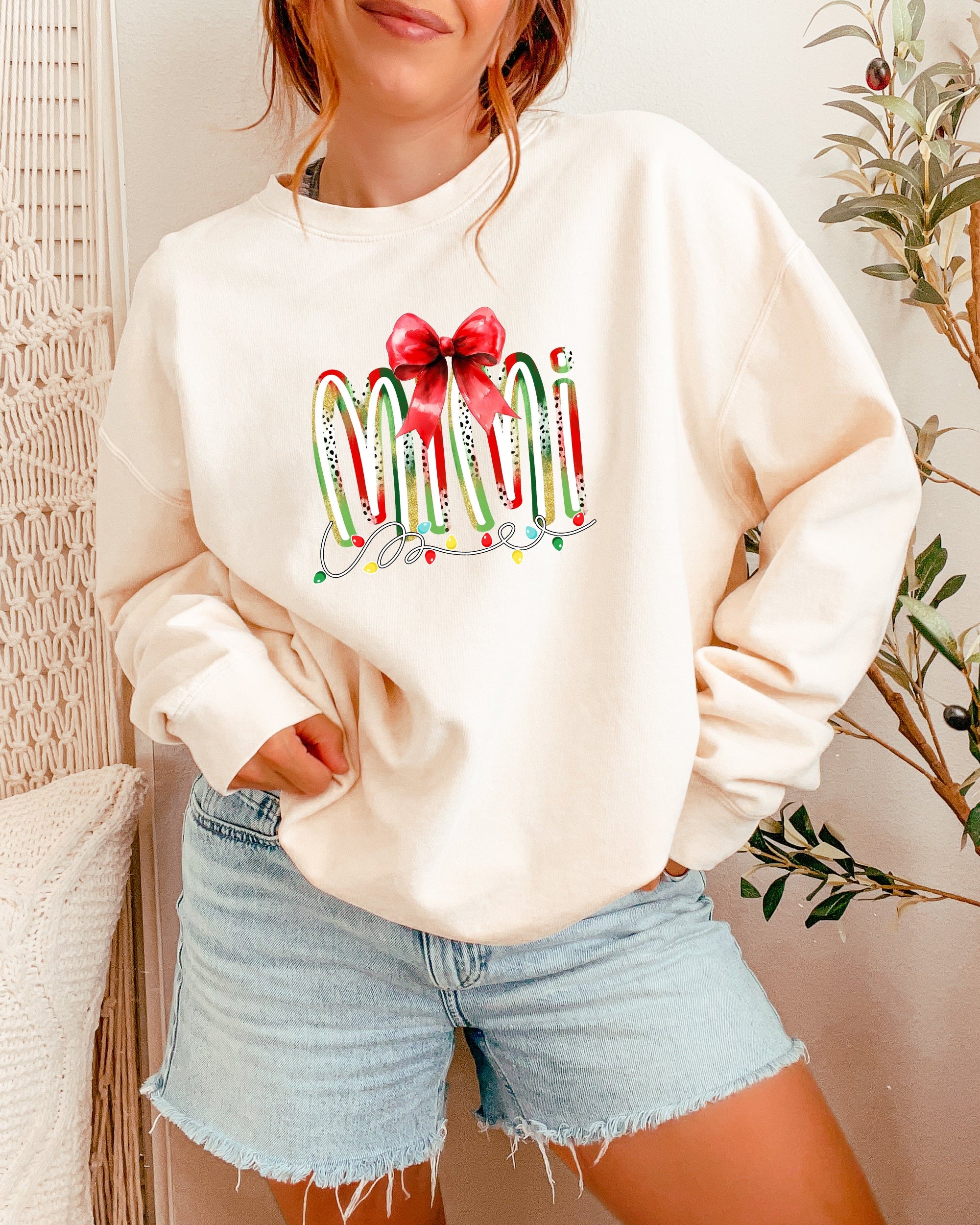 Mimi Christmas Theme Grandma Garment Dyed Comfort Colors Sweatshirt (red ribbon)